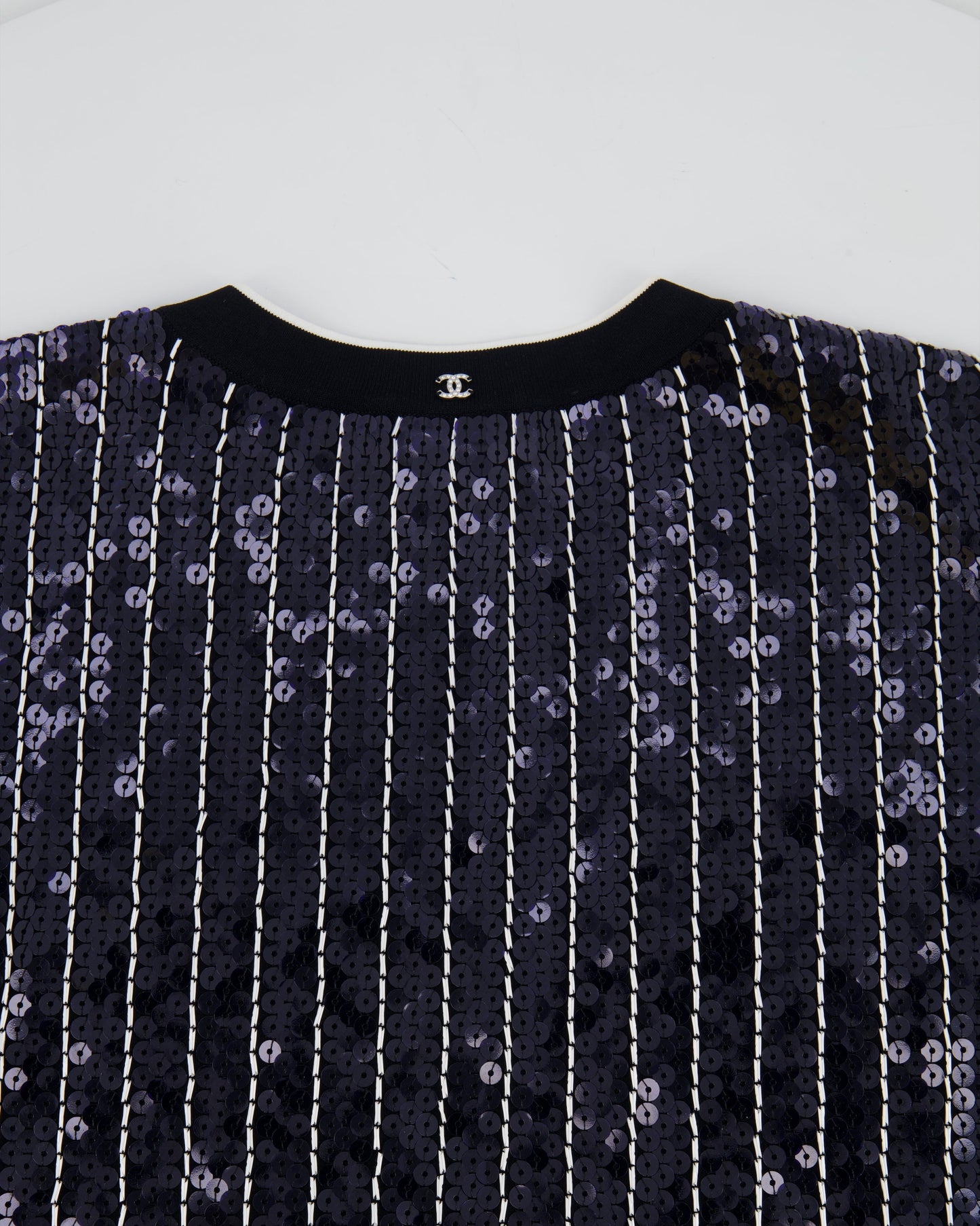 Chanel Spring/Summer 2023 Navy and White Striped Sequins T-Shirt with CC Logo Size FR 40 (UK 12)