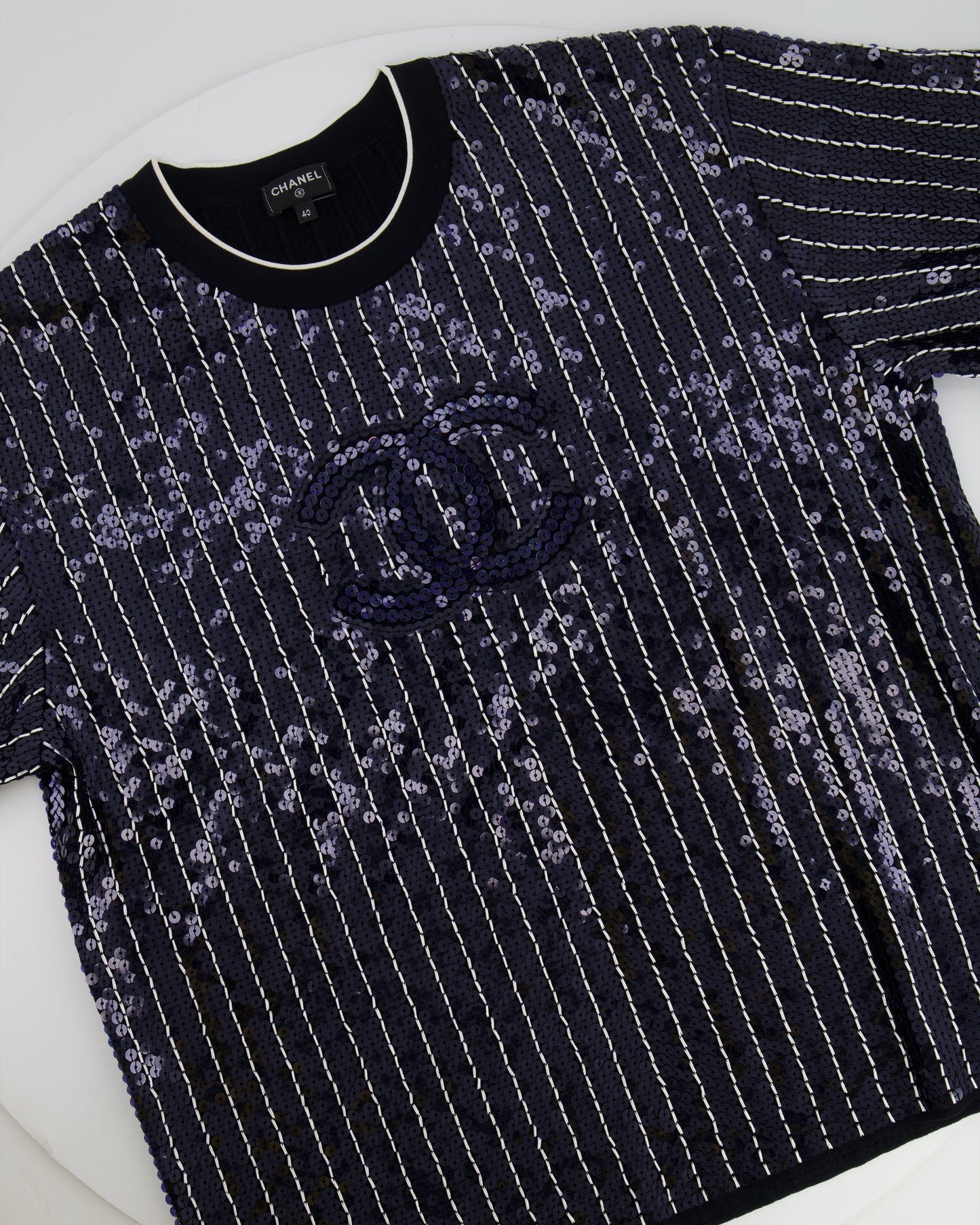 Chanel Spring/Summer 2023 Navy and White Striped Sequins T-Shirt with CC Logo Size FR 40 (UK 12)