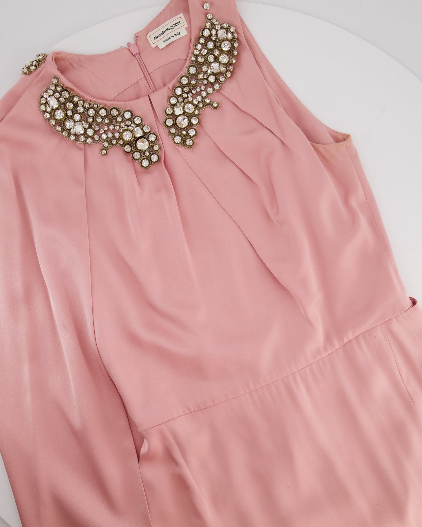 Alexander McQueen Pink Cape-Shoulder Satin Gown with Crystal Neckline & Belt Detail Size IT 42 (UK 10)