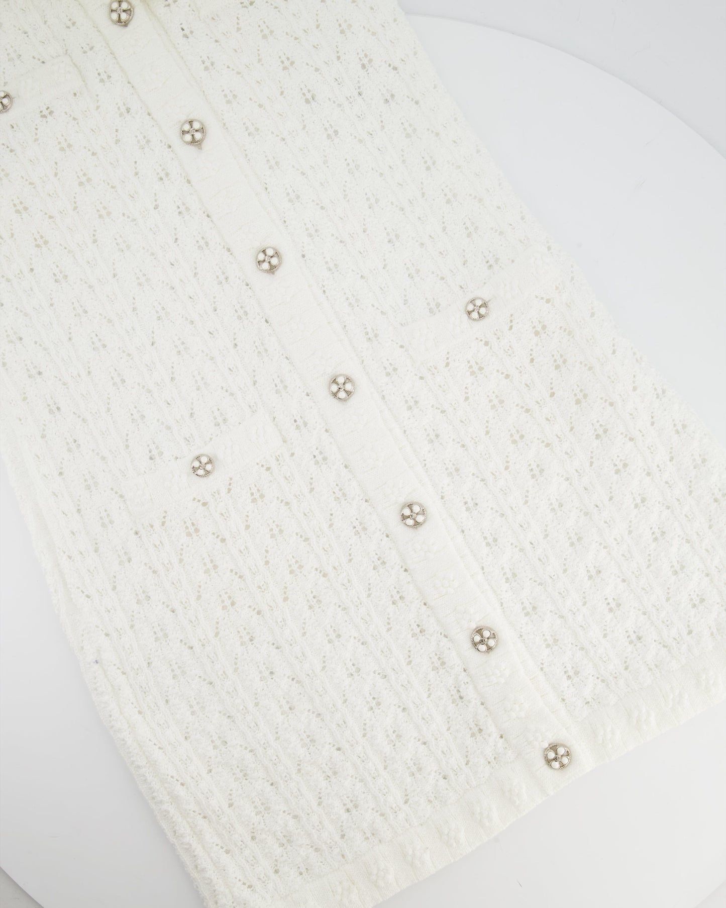 Chanel 24P White Knit Button Down Mini Dress with Pocket and CC Buttons Size FR 34 (UK 6)