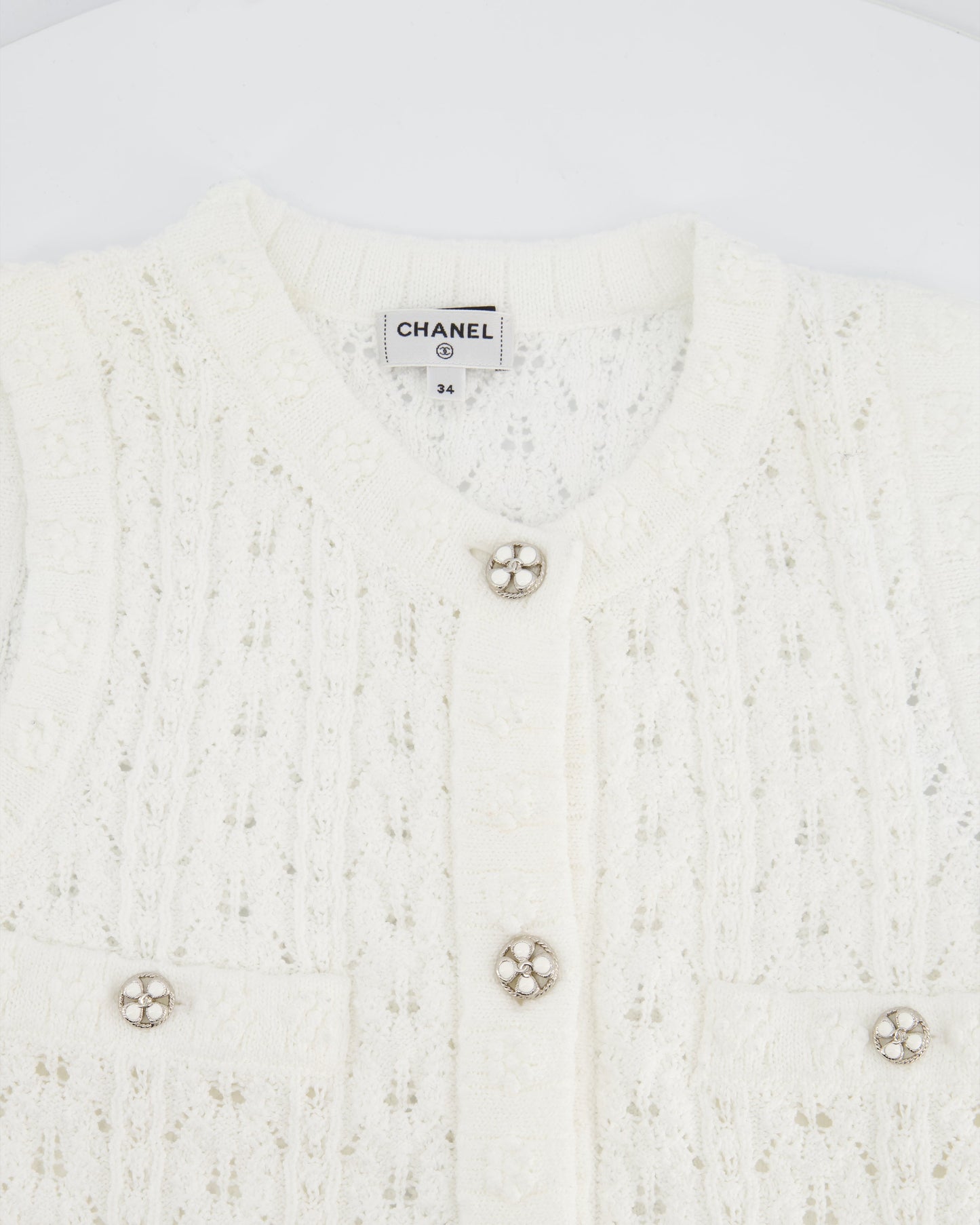 Chanel 24P White Knit Button Down Mini Dress with Pocket and CC Buttons Size FR 34 (UK 6)