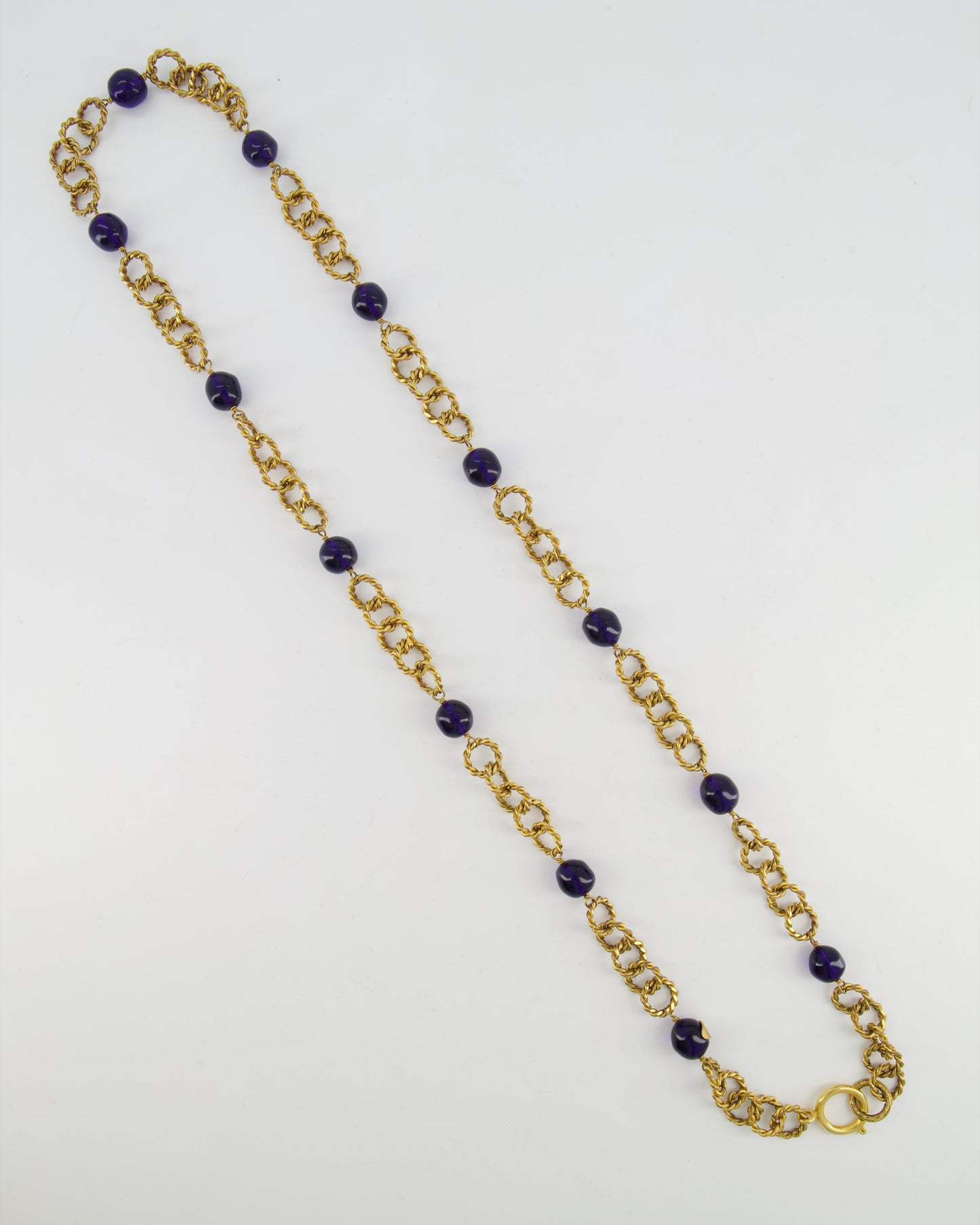 Chanel 2005   Brushed Gold Chain Necklace with Navy Blue Stones
