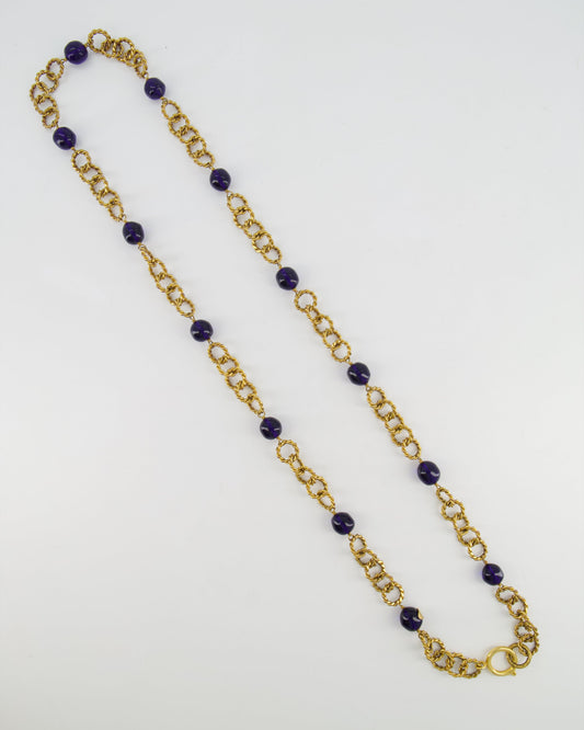 Chanel 2005   Brushed Gold Chain Necklace with Navy Blue Stones