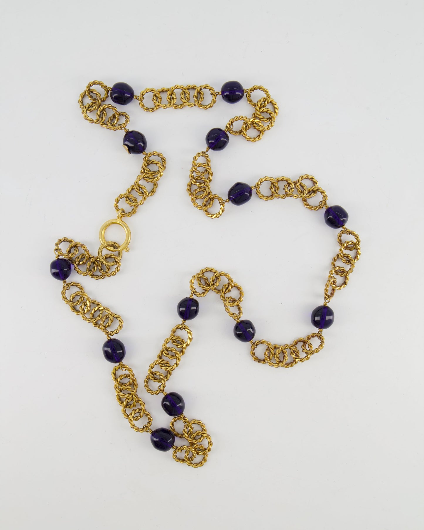 Chanel 2005   Brushed Gold Chain Necklace with Navy Blue Stones