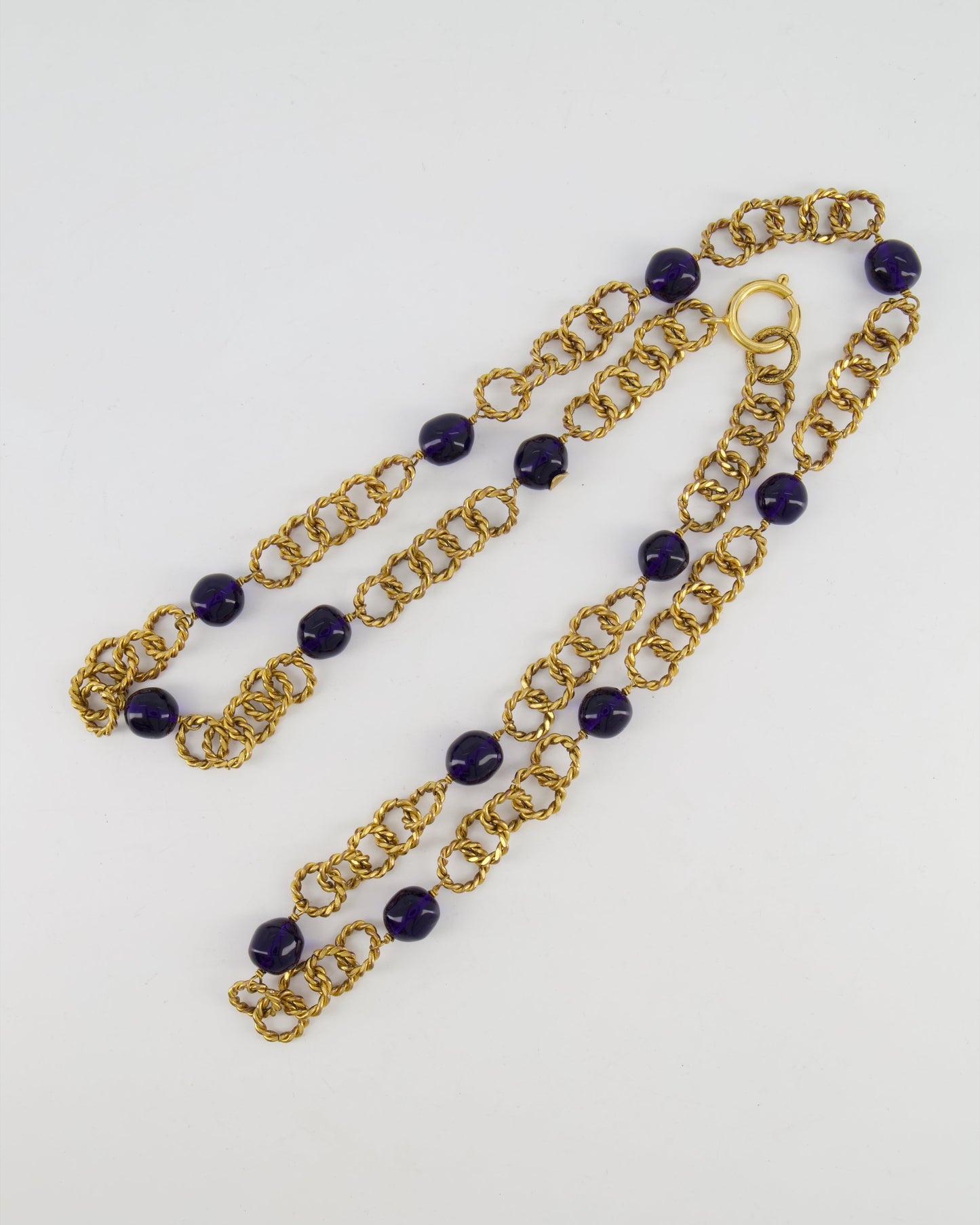 Chanel 2005   Brushed Gold Chain Necklace with Navy Blue Stones