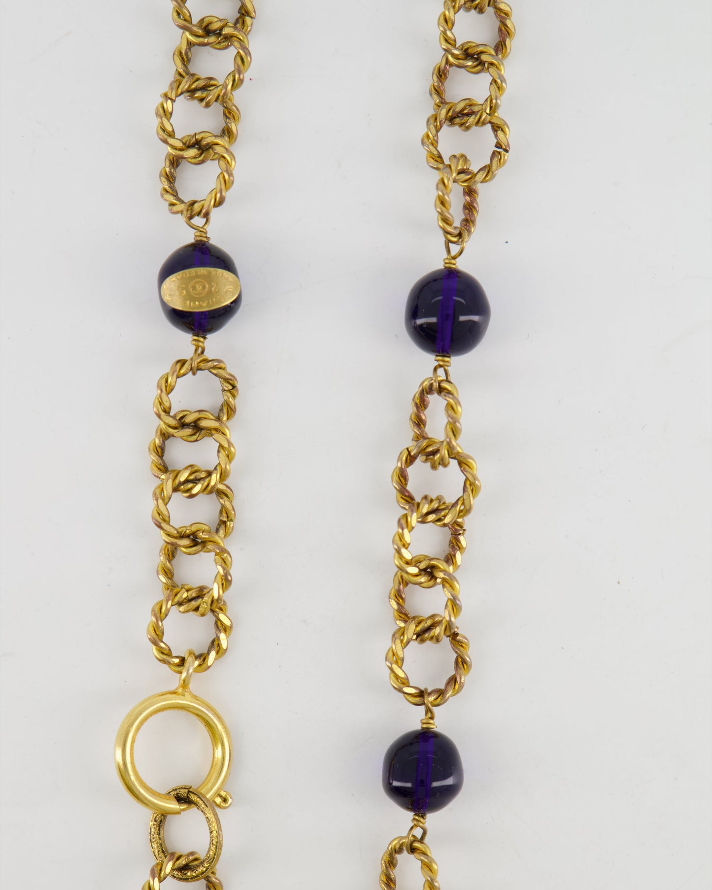 Chanel 2005   Brushed Gold Chain Necklace with Navy Blue Stones