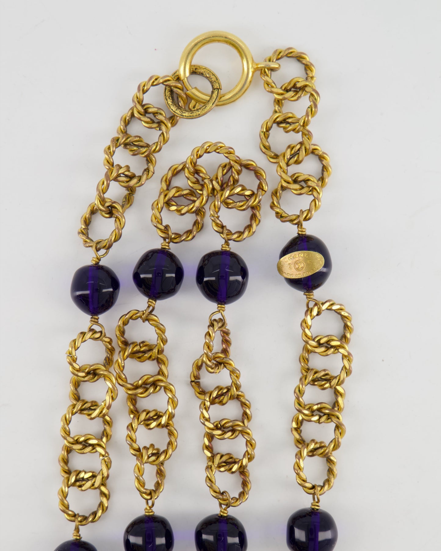 Chanel 2005   Brushed Gold Chain Necklace with Navy Blue Stones