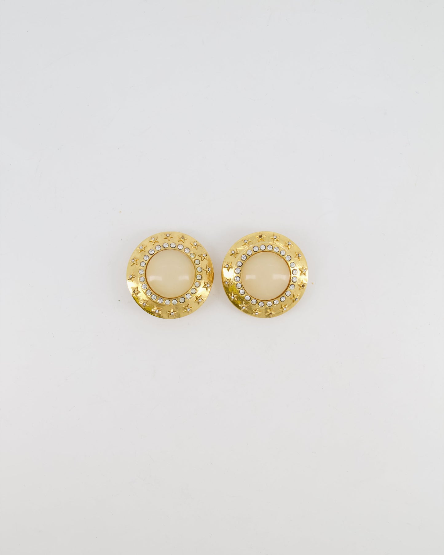Chanel 2003   Gold Large Round Clip On Earrings with Beige Stone, Stars and Crystal Embellishments