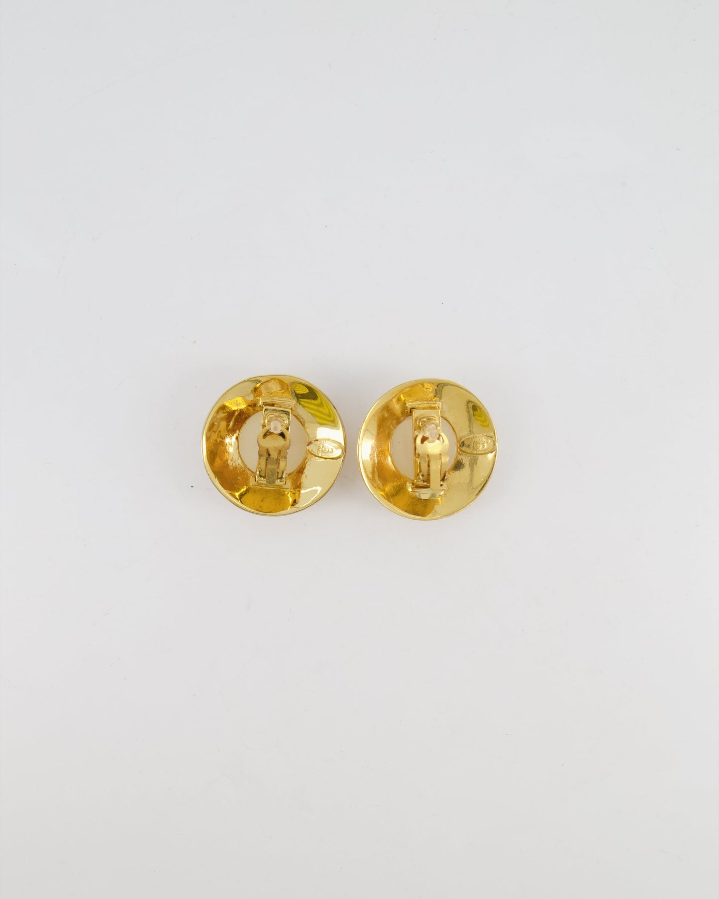 Chanel 2003   Gold Large Round Clip On Earrings with Beige Stone, Stars and Crystal Embellishments