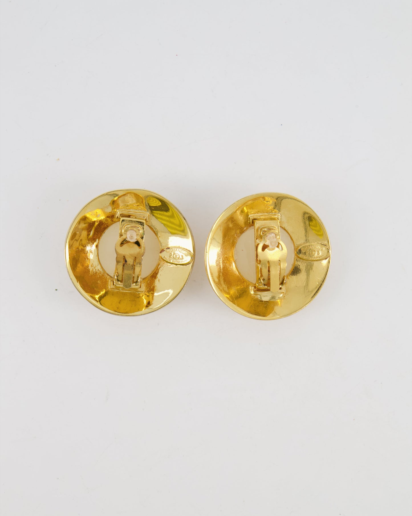Chanel 2003   Gold Large Round Clip On Earrings with Beige Stone, Stars and Crystal Embellishments
