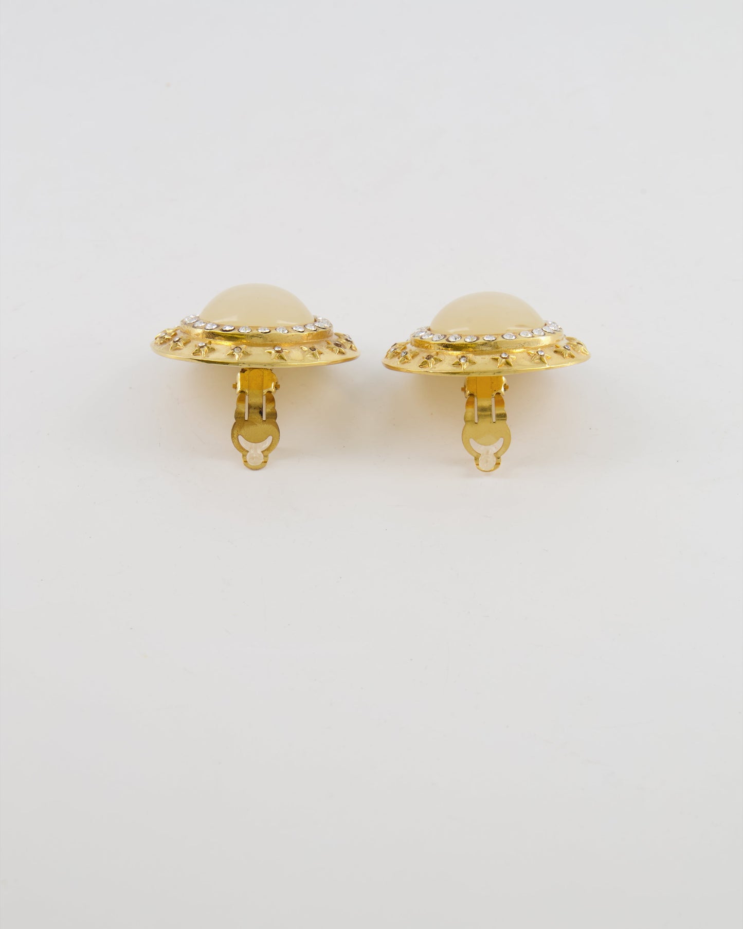 Chanel 2003   Gold Large Round Clip On Earrings with Beige Stone, Stars and Crystal Embellishments