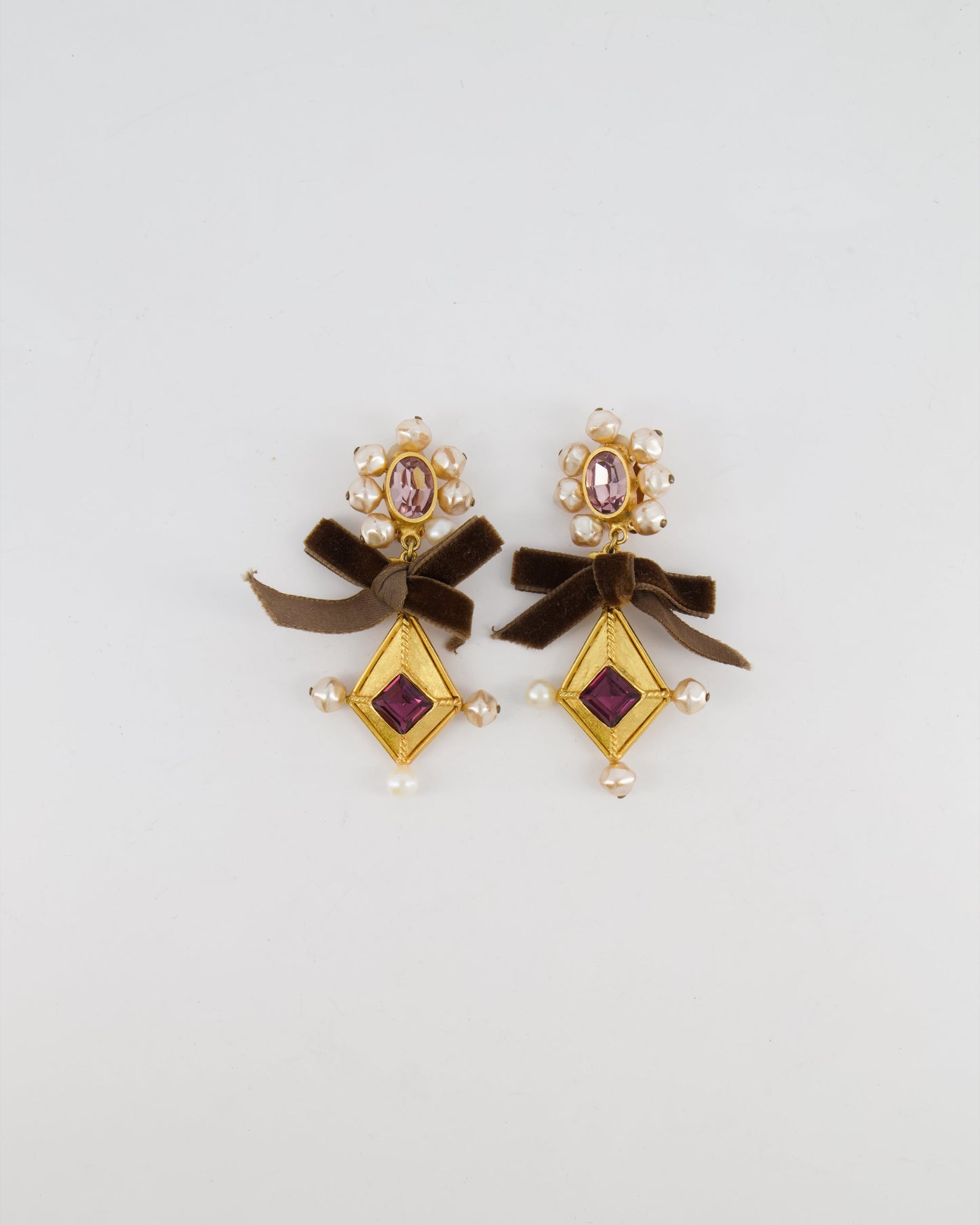 Christian Lacroix Brushed Gold, Pearl and Purple Crystal Embellished Pendant Clip On Earrings with Brown Velvet Bow Detail