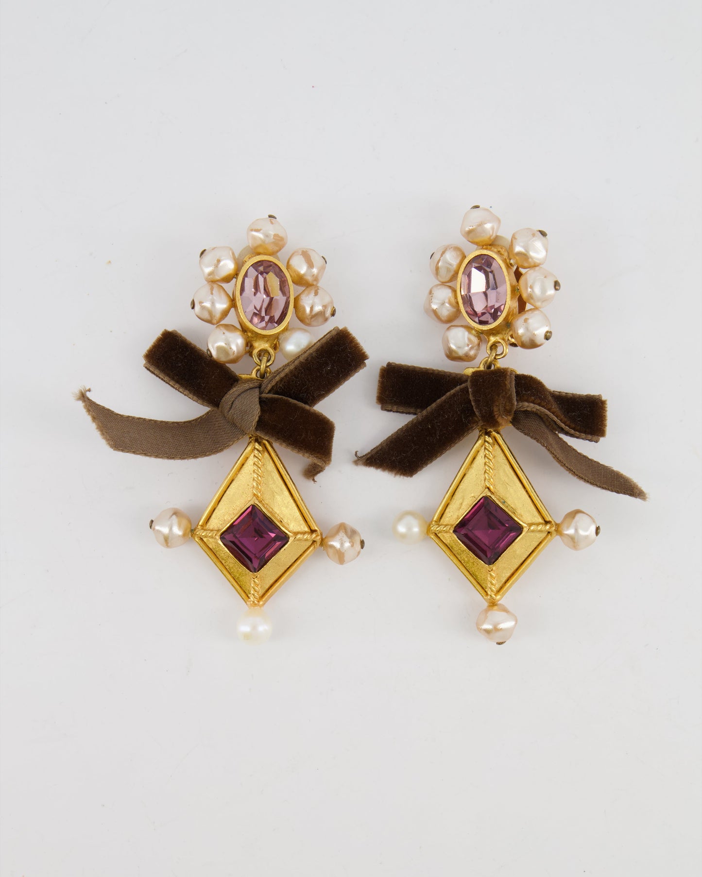 Christian Lacroix Brushed Gold, Pearl and Purple Crystal Embellished Pendant Clip On Earrings with Brown Velvet Bow Detail