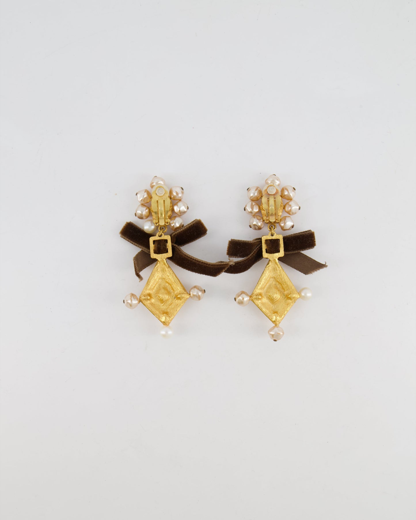 Christian Lacroix Brushed Gold, Pearl and Purple Crystal Embellished Pendant Clip On Earrings with Brown Velvet Bow Detail