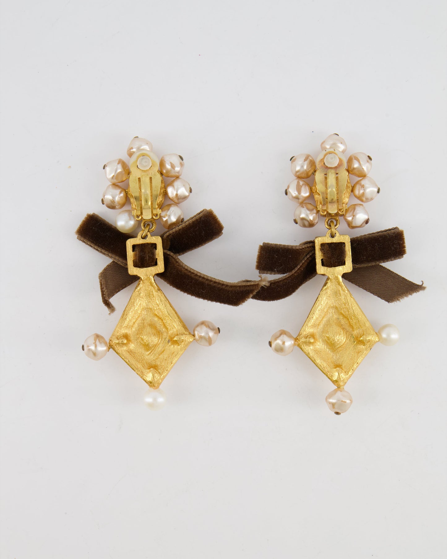 Christian Lacroix Brushed Gold, Pearl and Purple Crystal Embellished Pendant Clip On Earrings with Brown Velvet Bow Detail