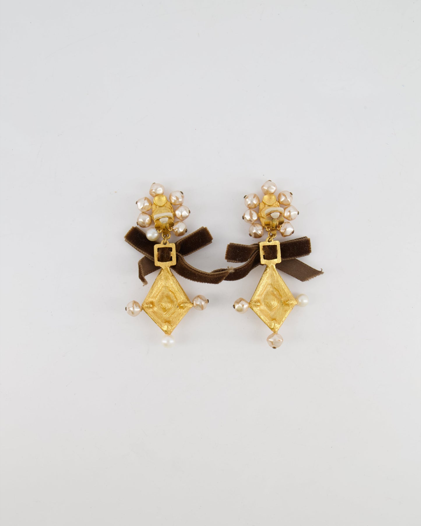 Christian Lacroix Brushed Gold, Pearl and Purple Crystal Embellished Pendant Clip On Earrings with Brown Velvet Bow Detail