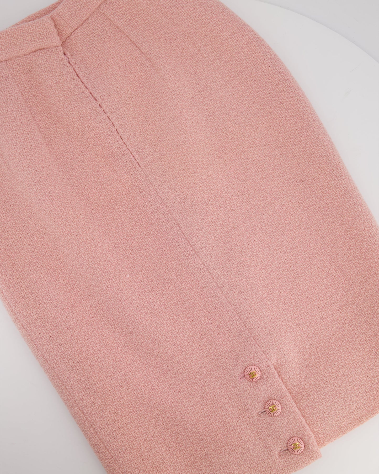 Chanel 93C Pink Tweed Skirt and Jacket Set with Logo Buttons and Pocket Detail FR 38 (UK 10)