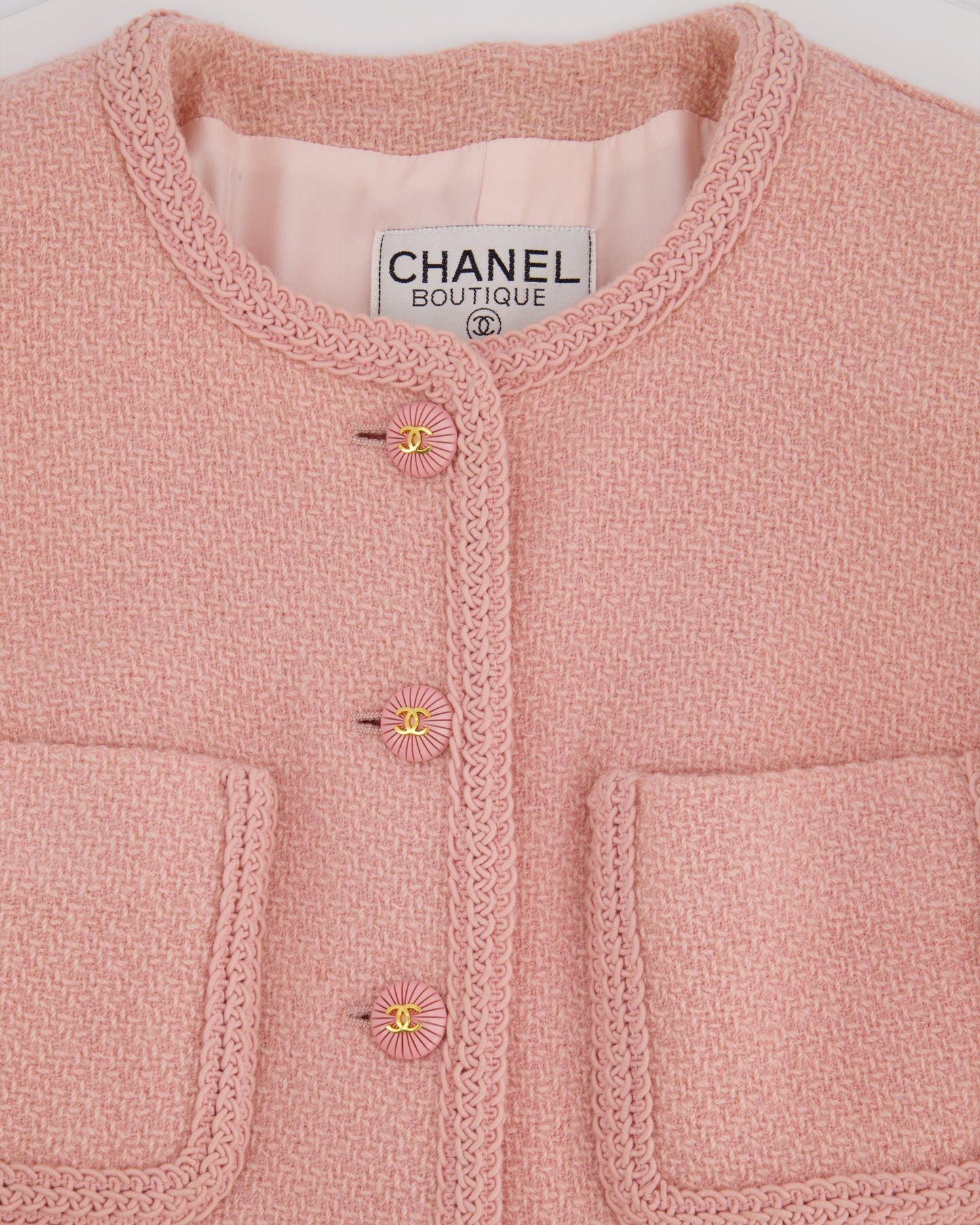 Chanel 93C Pink Tweed Skirt and Jacket Set with Logo Buttons and Pocket Detail FR 38 (UK 10)