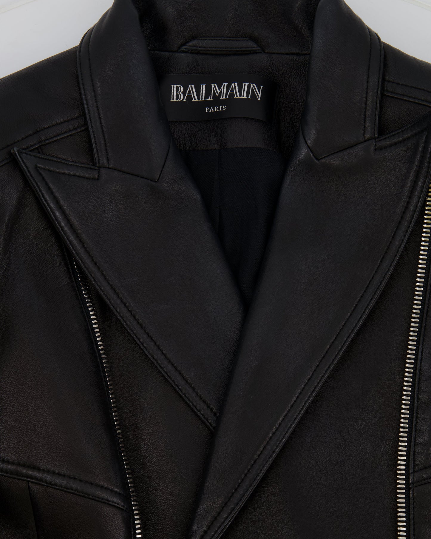 Balmain Black Leather Jacket with Silver Zippers Detail Size FR 40 (UK 12)