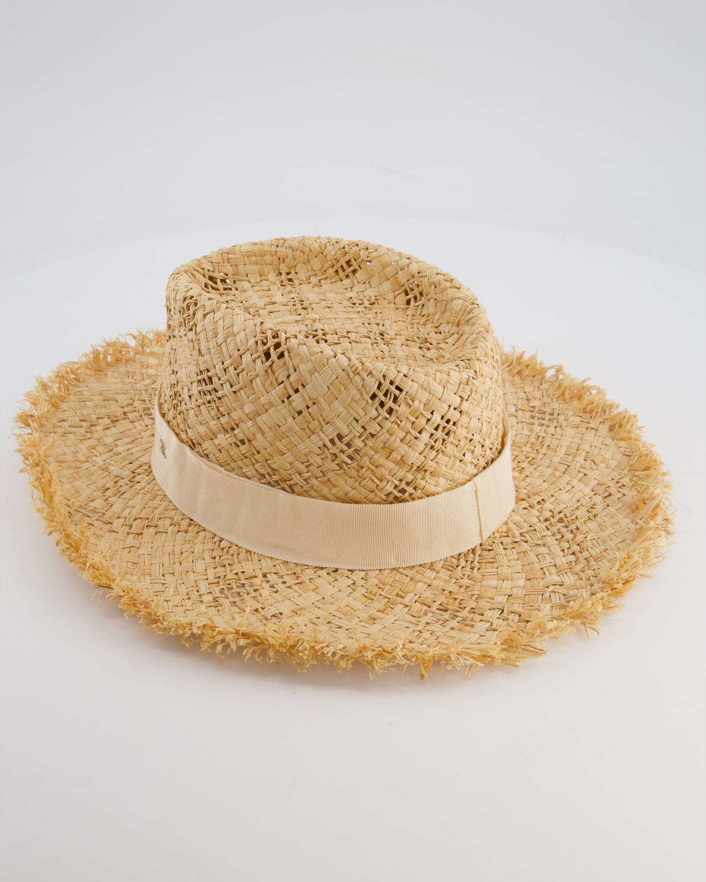 Chanel Beige Raffia Woven Hat with Cream Bandeaux and Silver CC Logo Size L