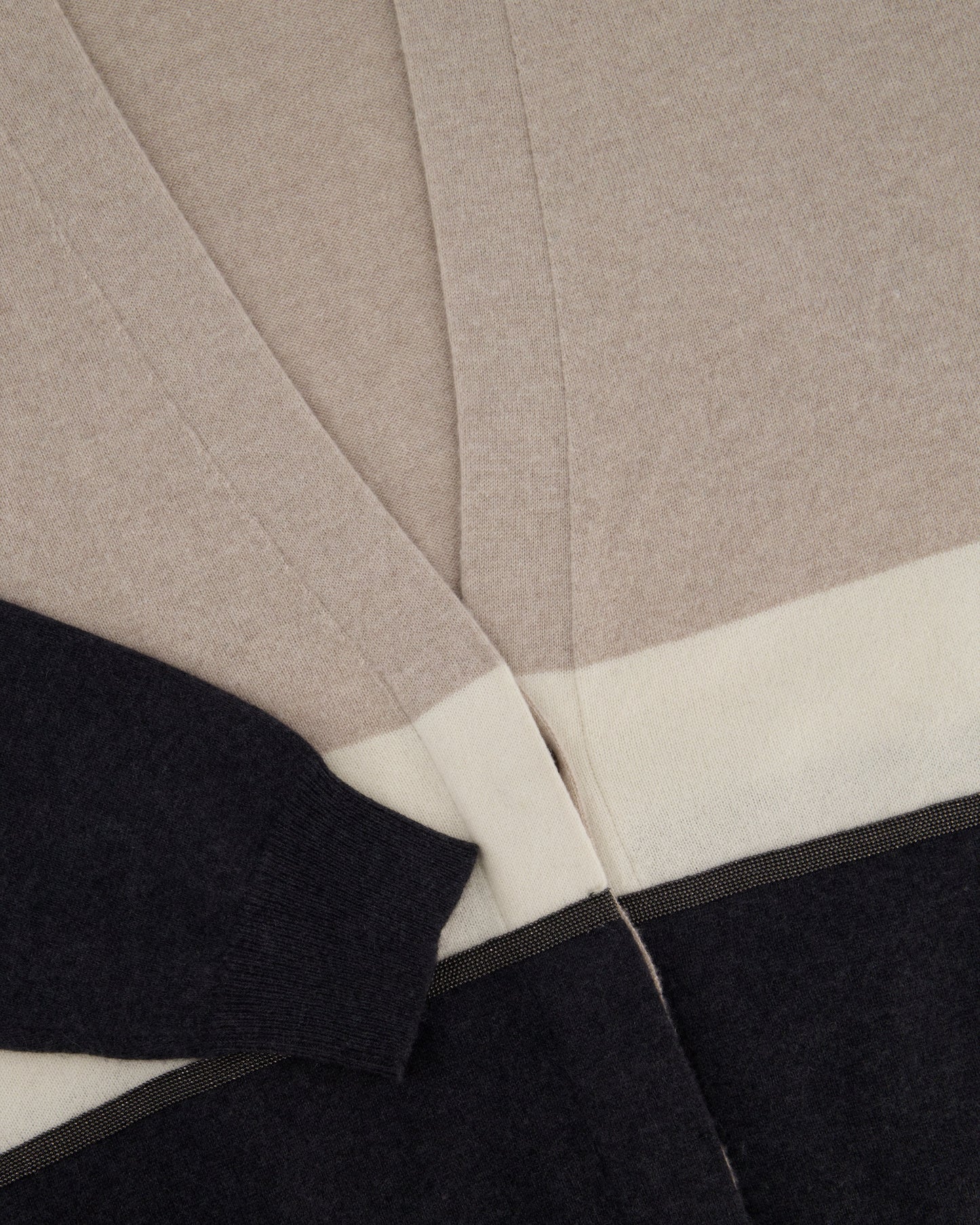 Brunello Cucinelli Taupe, White, and Grey Colour Block Cashmere Cardigan with Monili Trim Detail Size XL (UK 14)