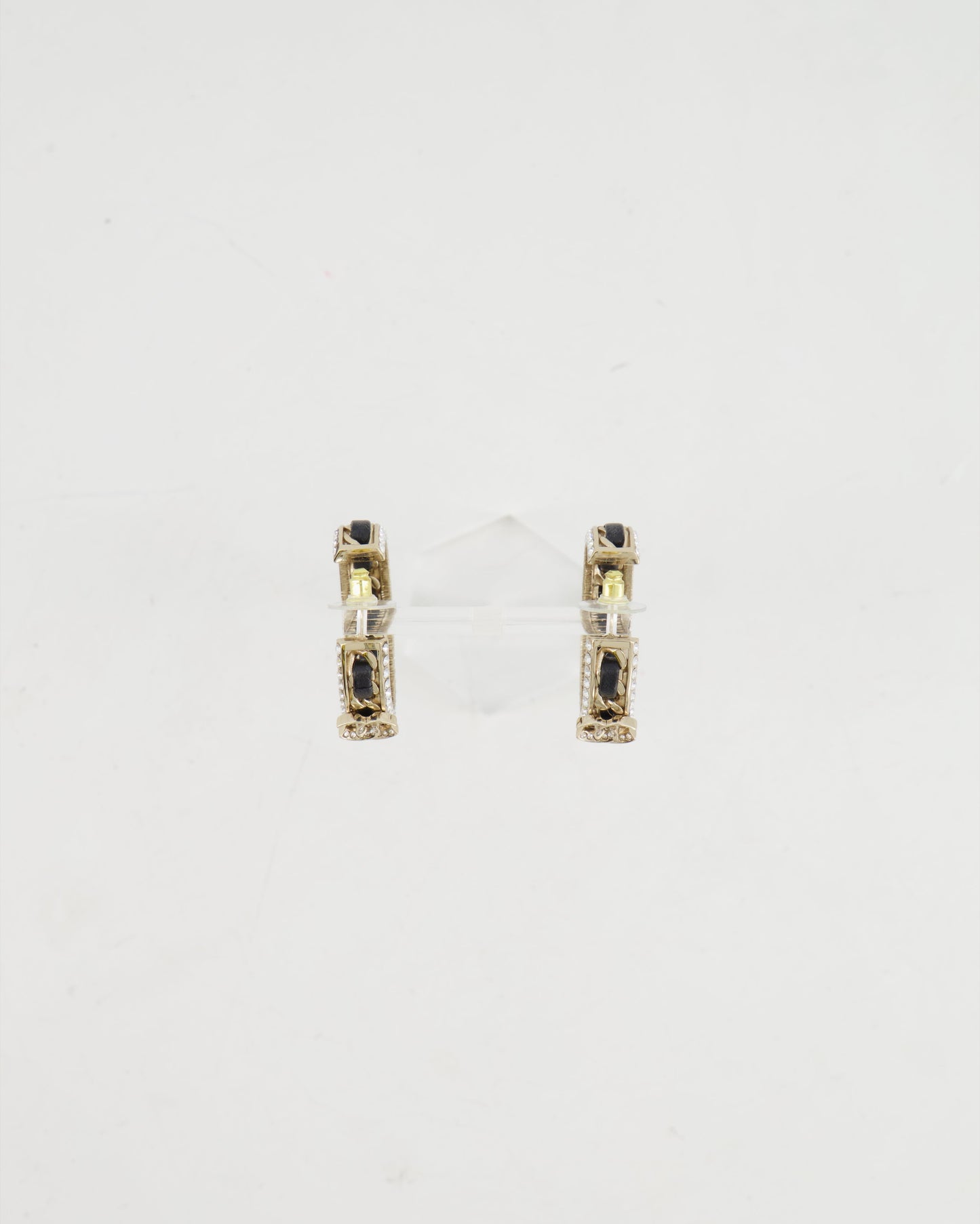 Chanel 2023 Gold, Black Leather and Crystal Embellished CC Logo Hoop Earrings