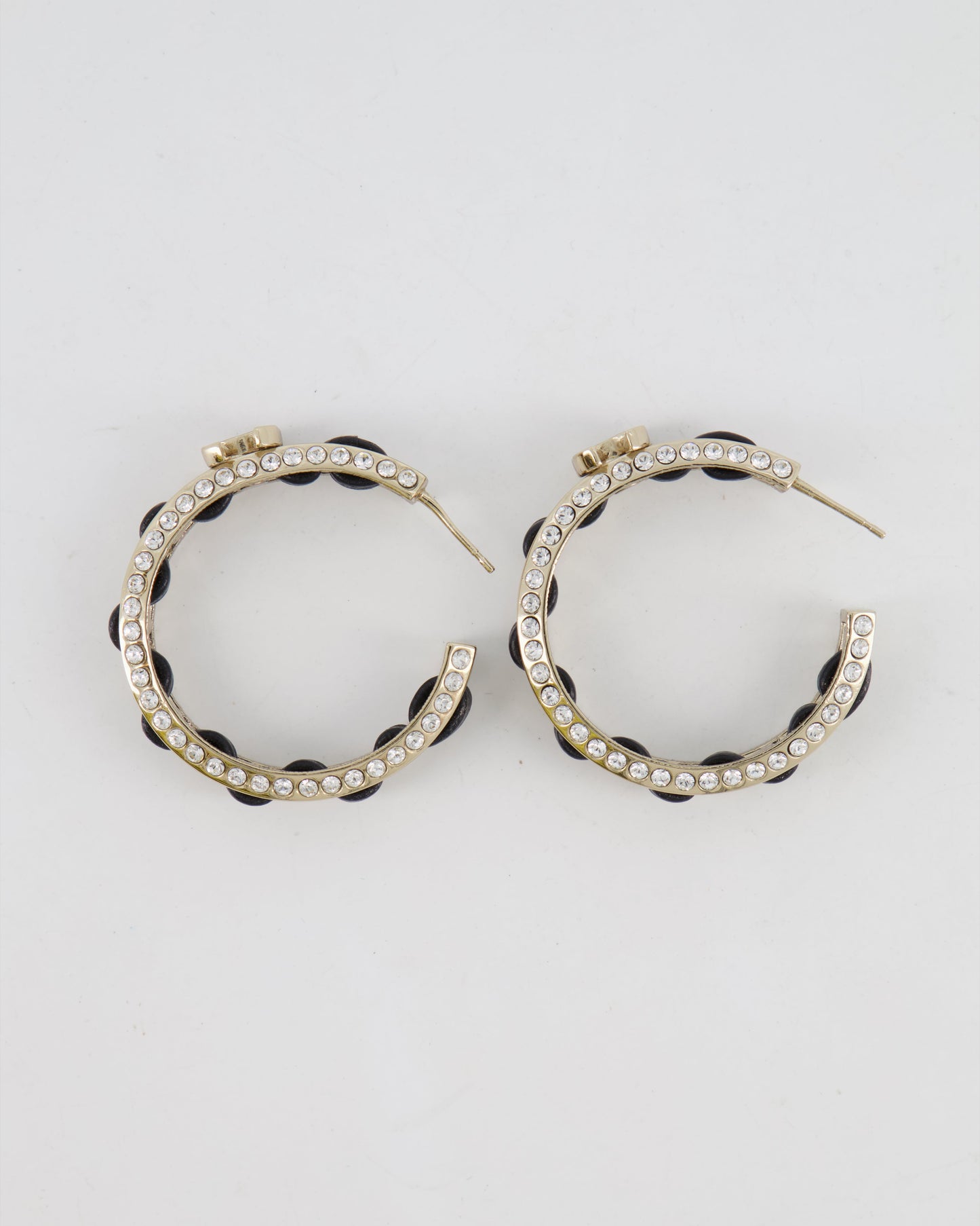 Chanel 2023 Gold, Black Leather and Crystal Embellished CC Logo Hoop Earrings