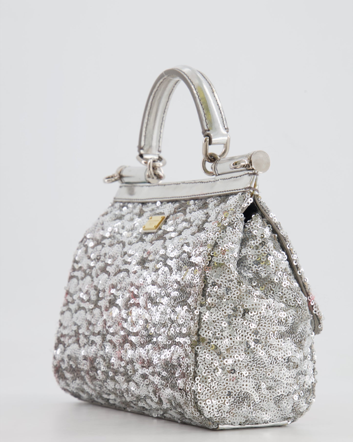 Dolce & Gabbana Silver Sequin Amore Mio Embellished Top Handle Mini Sicily Bag with Crystal Appliqué