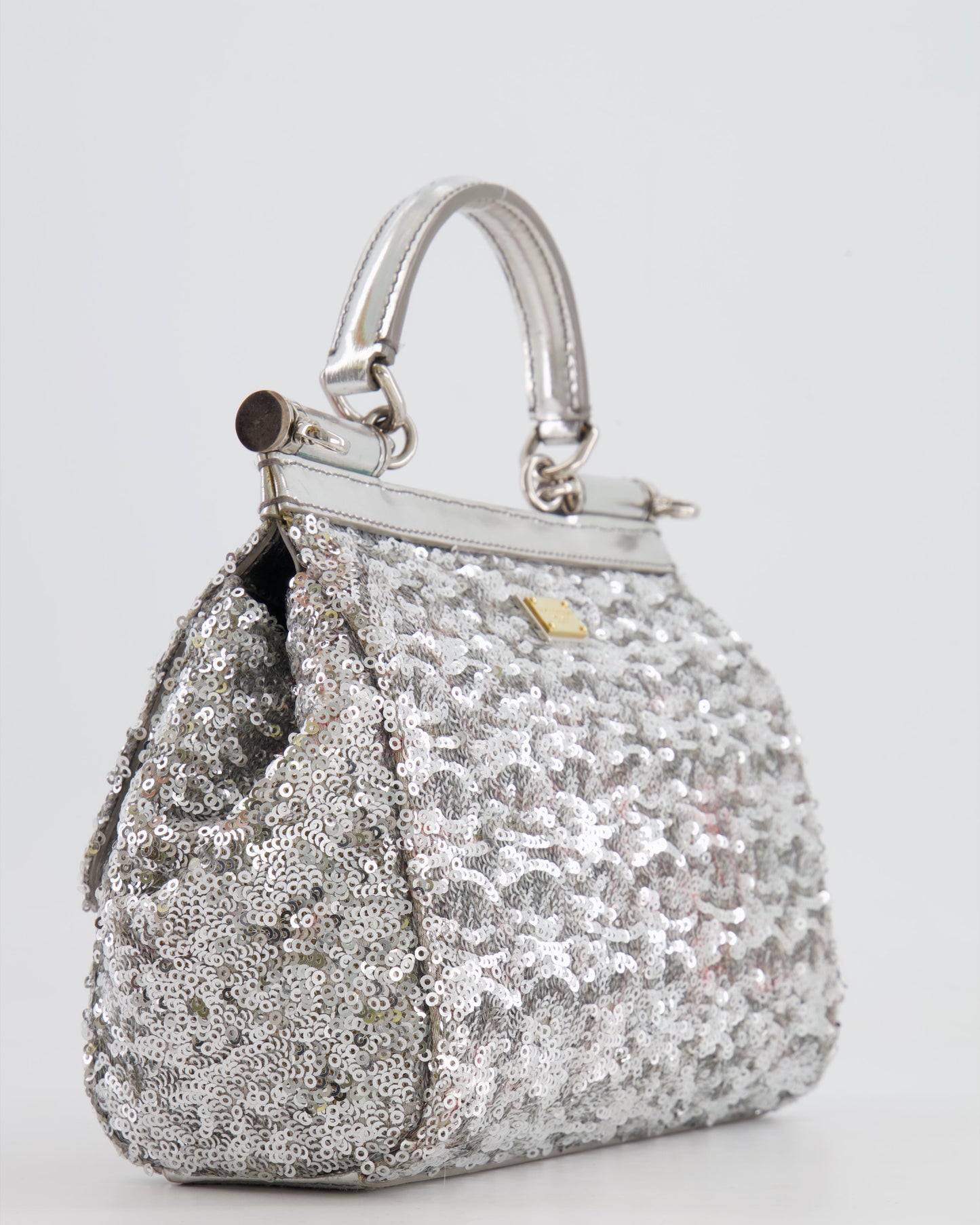 Dolce & Gabbana Silver Sequin Amore Mio Embellished Top Handle Mini Sicily Bag with Crystal Appliqué
