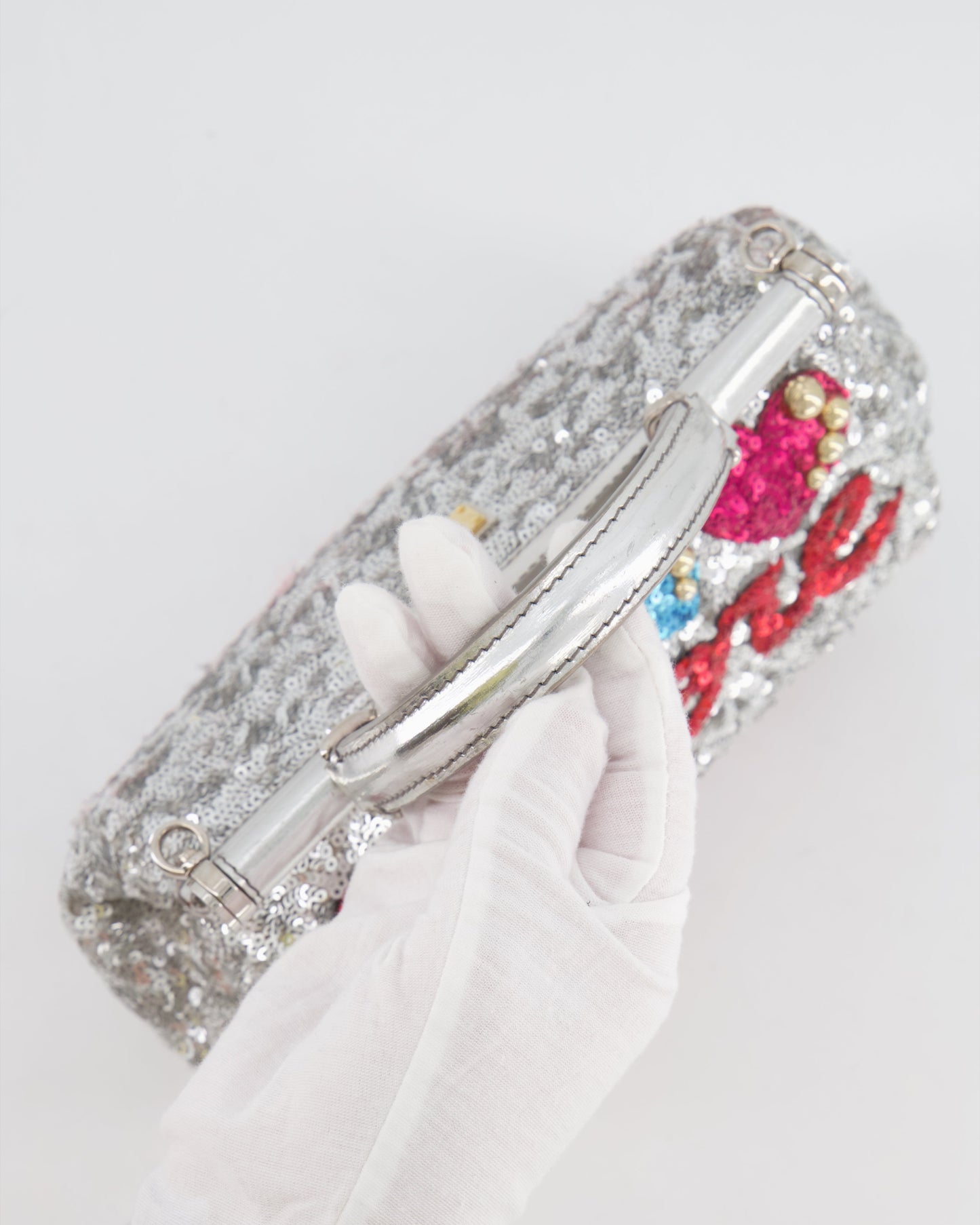 Dolce & Gabbana Silver Sequin Amore Mio Embellished Top Handle Mini Sicily Bag with Crystal Appliqué