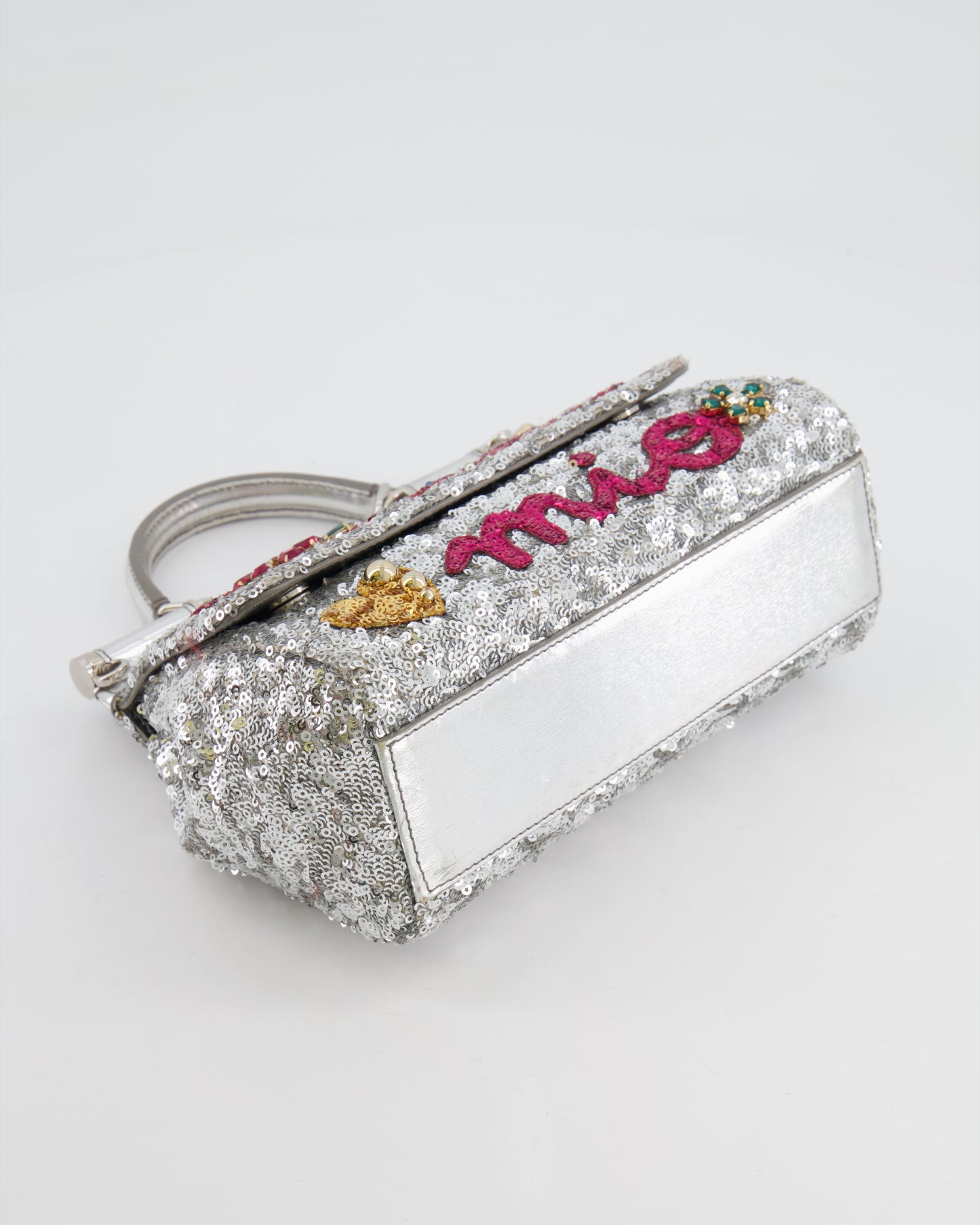 Dolce & Gabbana Silver Sequin Amore Mio Embellished Top Handle Mini Sicily Bag with Crystal Appliqué