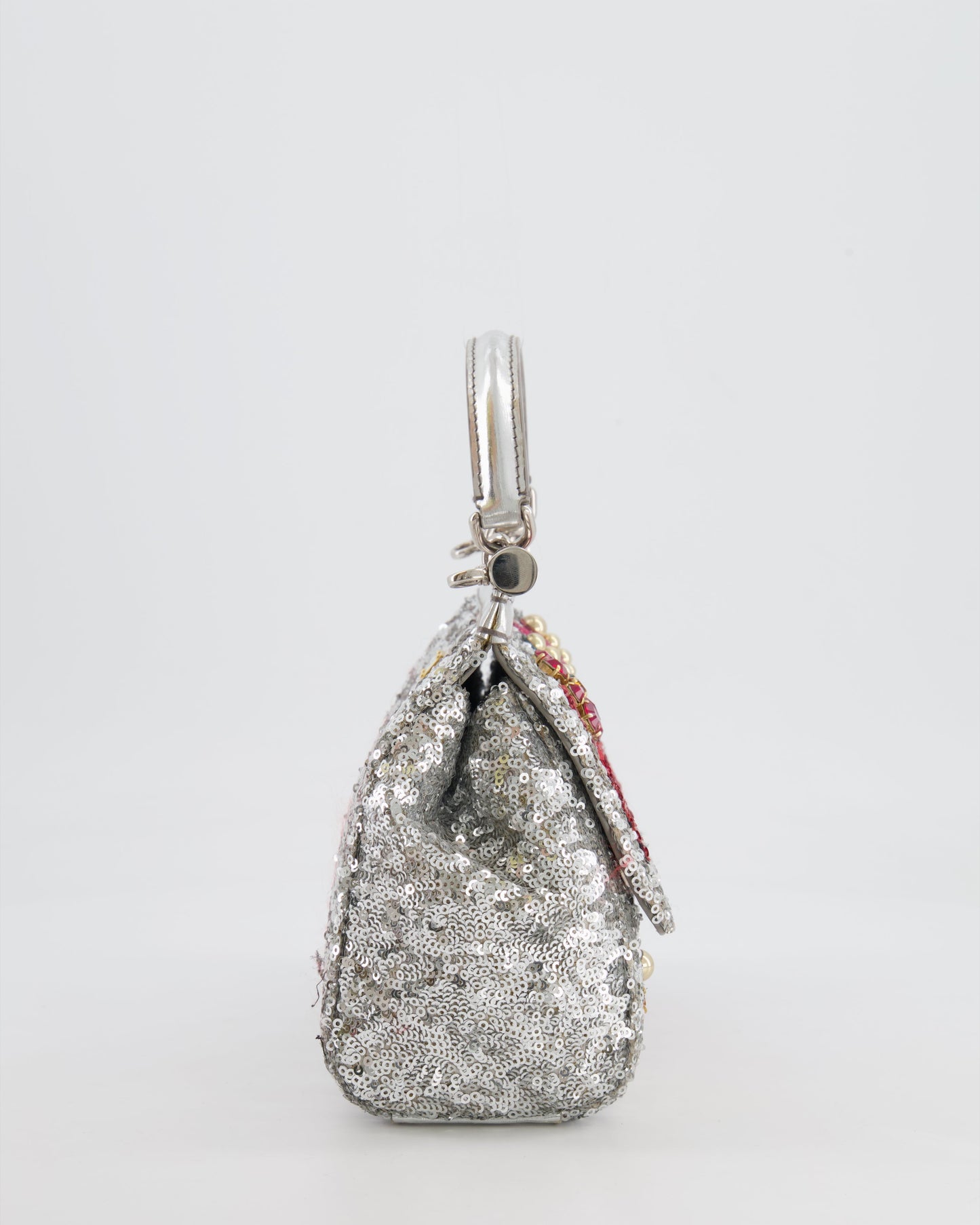 Dolce & Gabbana Silver Sequin Amore Mio Embellished Top Handle Mini Sicily Bag with Crystal Appliqué
