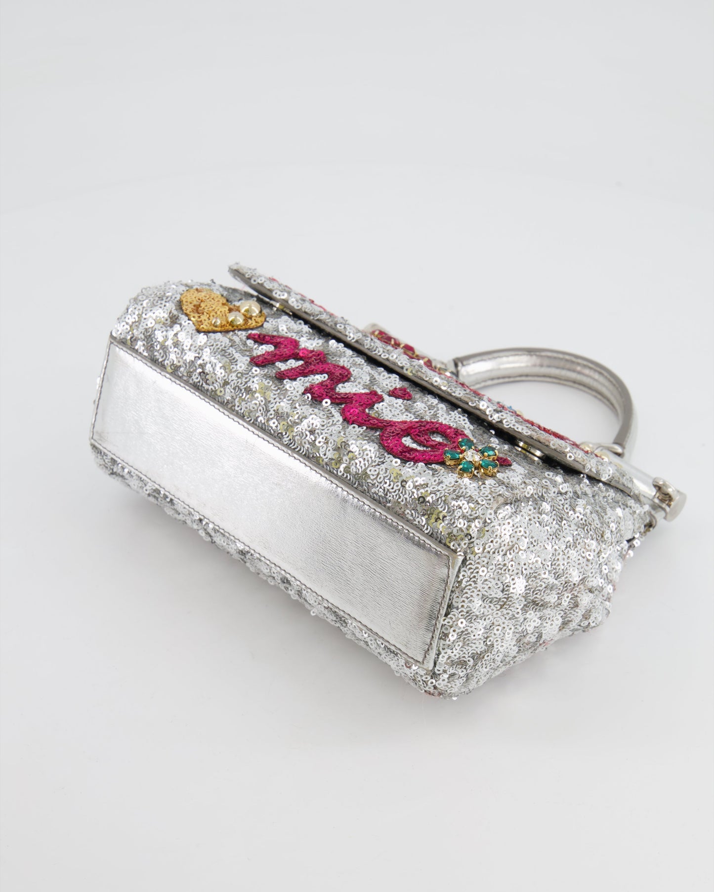 Dolce & Gabbana Silver Sequin Amore Mio Embellished Top Handle Mini Sicily Bag with Crystal Appliqué
