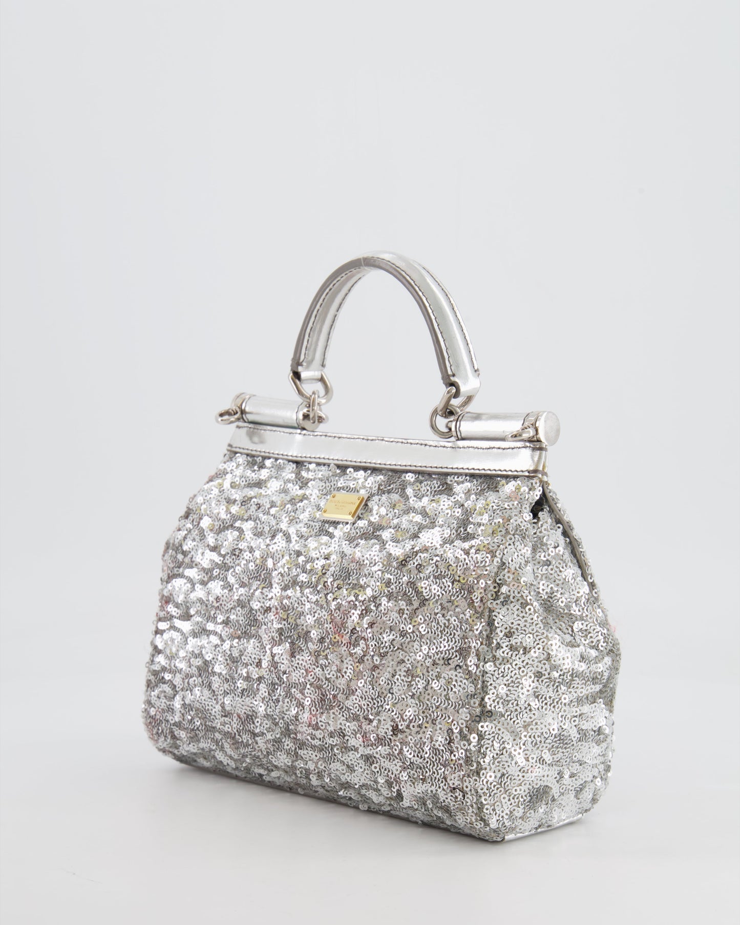 Dolce & Gabbana Silver Sequin Amore Mio Embellished Top Handle Mini Sicily Bag with Crystal Appliqué