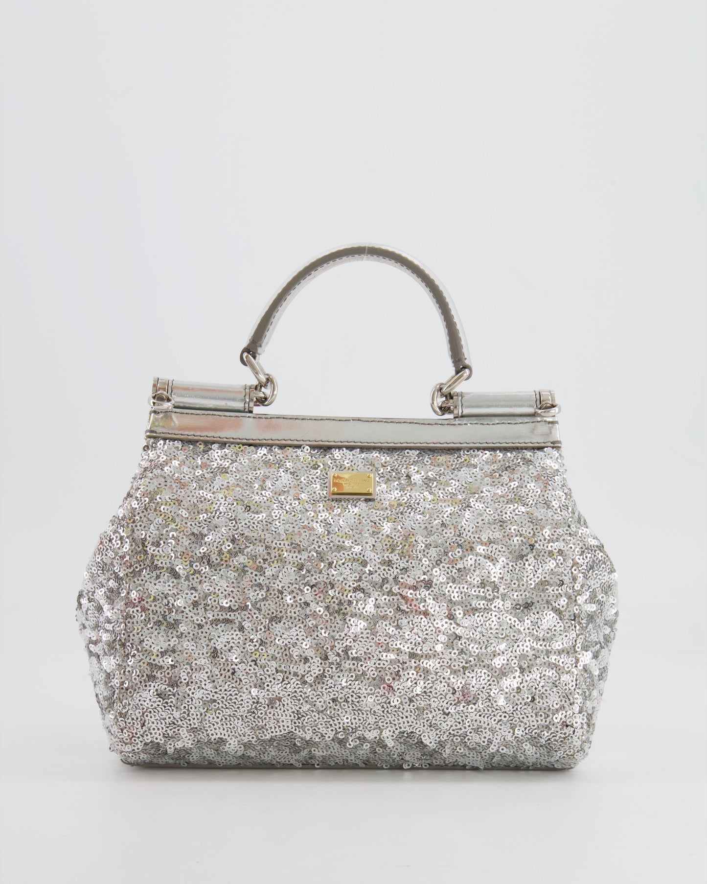 Dolce & Gabbana Silver Sequin Amore Mio Embellished Top Handle Mini Sicily Bag with Crystal Appliqué