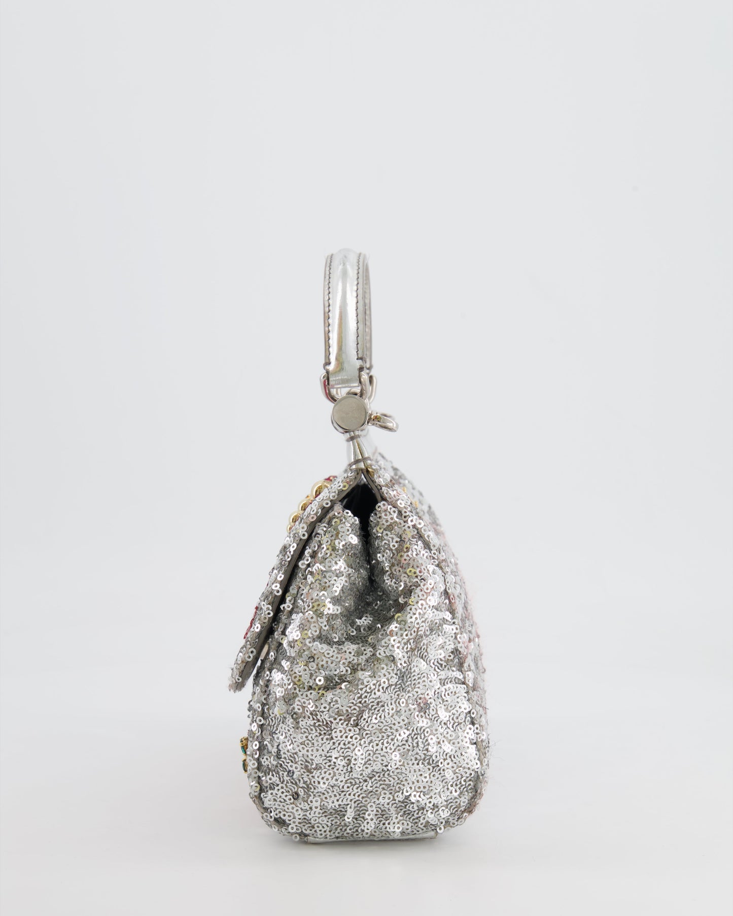 Dolce & Gabbana Silver Sequin Amore Mio Embellished Top Handle Mini Sicily Bag with Crystal Appliqué