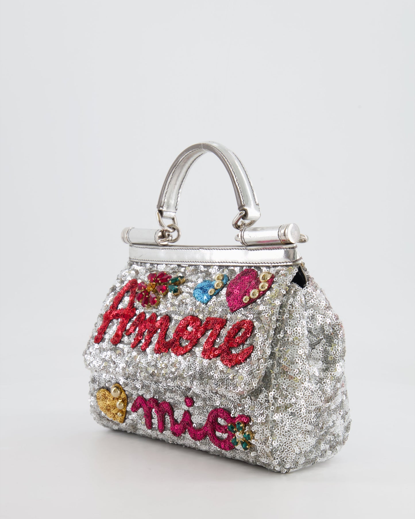 Dolce & Gabbana Silver Sequin Amore Mio Embellished Top Handle Mini Sicily Bag with Crystal Appliqué