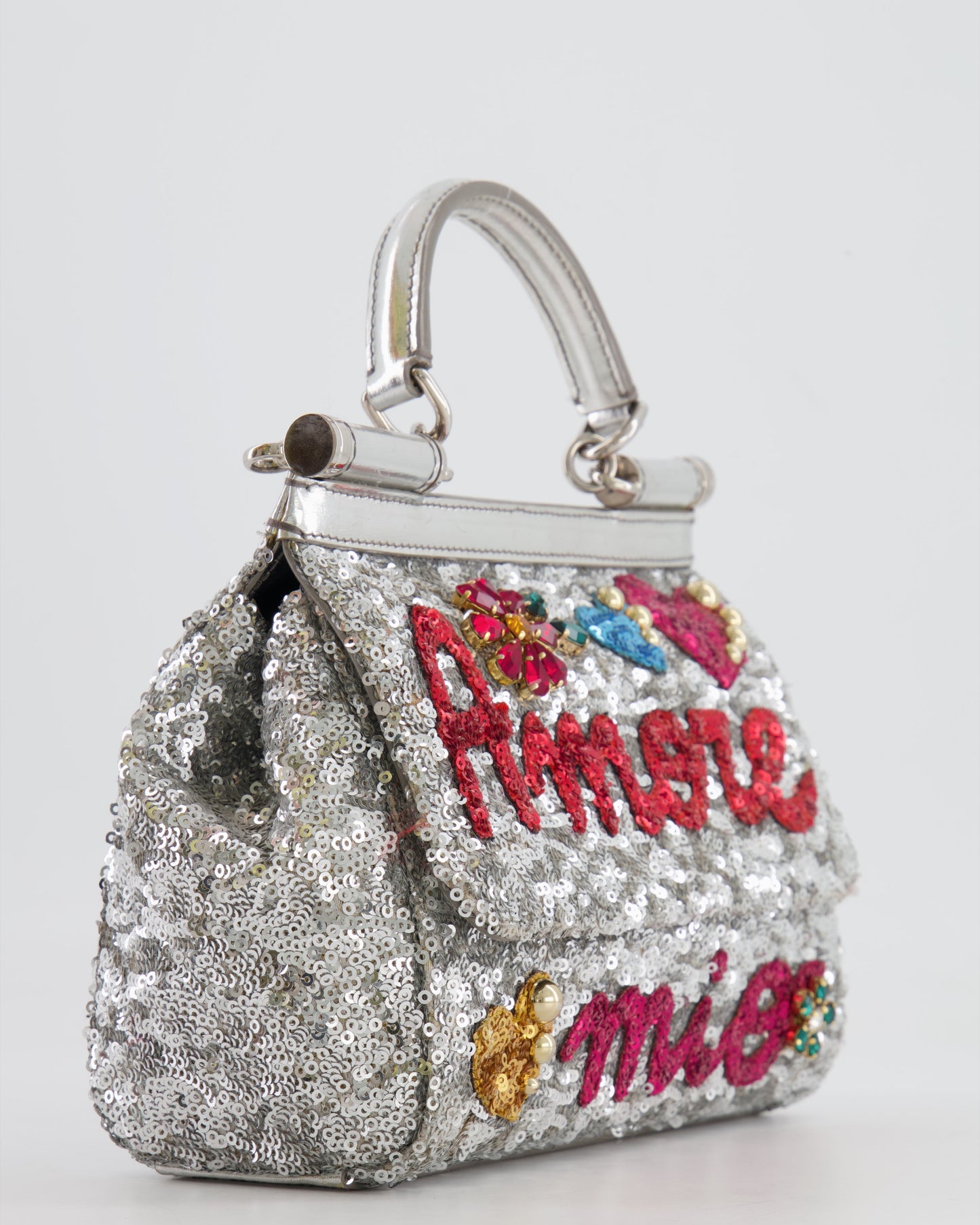 Dolce & Gabbana Silver Sequin Amore Mio Embellished Top Handle Mini Sicily Bag with Crystal Appliqué