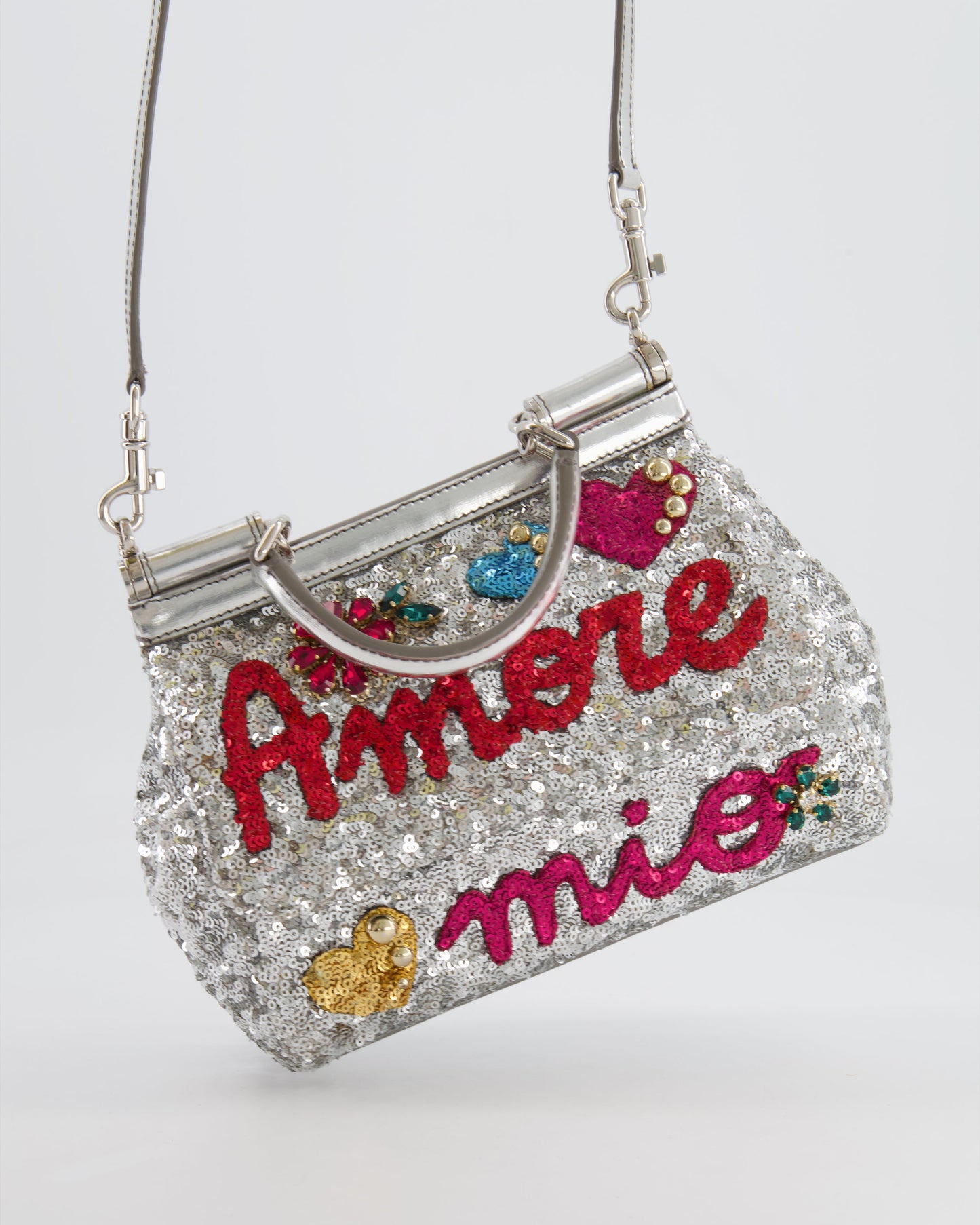 Dolce & Gabbana Silver Sequin Amore Mio Embellished Top Handle Mini Sicily Bag with Crystal Appliqué