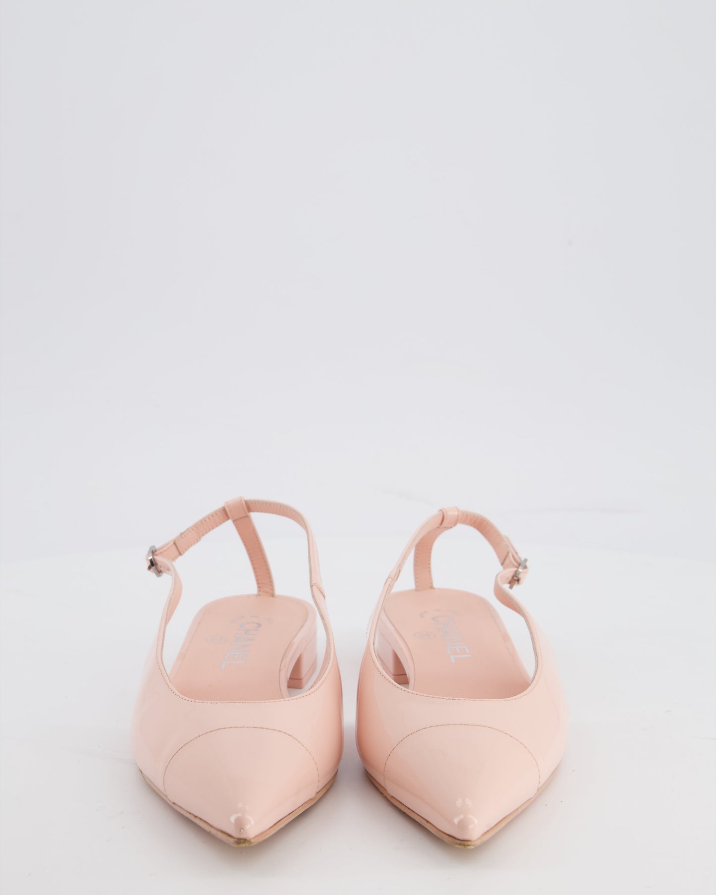 Chanel Baby Pink Patent Calfskin Leather Cap Toe Slingback Flats with Silver CC Logo Detail Size EU 37
