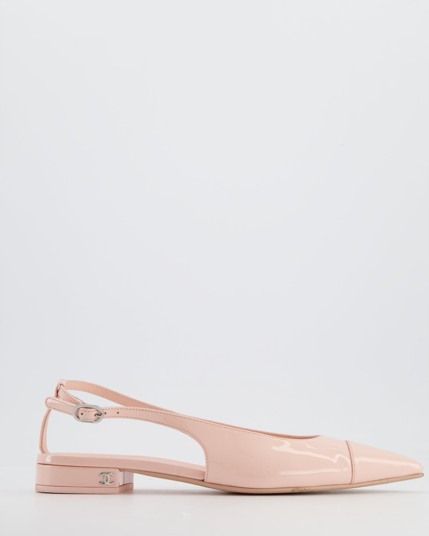 Chanel Baby Pink Patent Calfskin Leather Cap Toe Slingback Flats with Silver CC Logo Detail Size EU 37