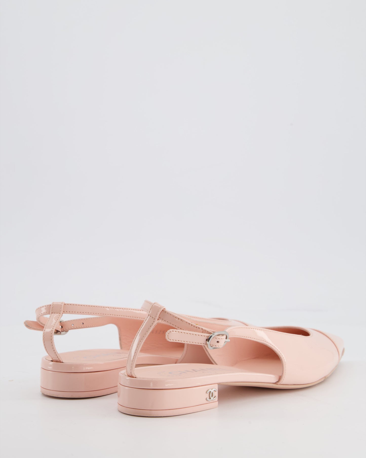 Chanel Baby Pink Patent Calfskin Leather Cap Toe Slingback Flats with Silver CC Logo Detail Size EU 37