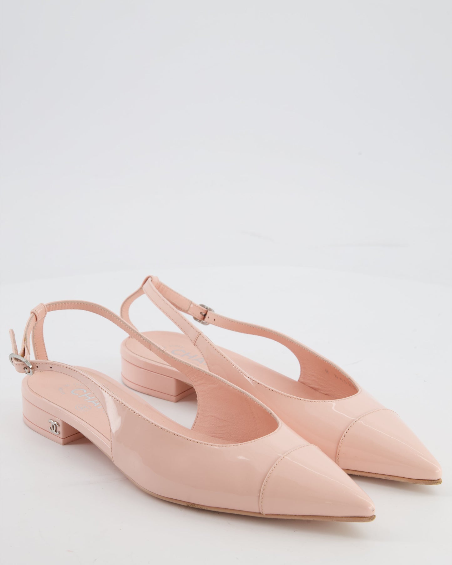 Chanel Baby Pink Patent Calfskin Leather Cap Toe Slingback Flats with Silver CC Logo Detail Size EU 37