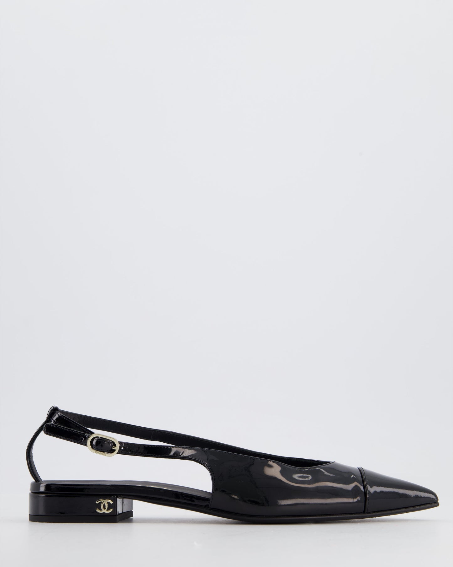 Chanel Black Patent Leather Flat Slingback with Silver CC Logo Detail Size EU 37