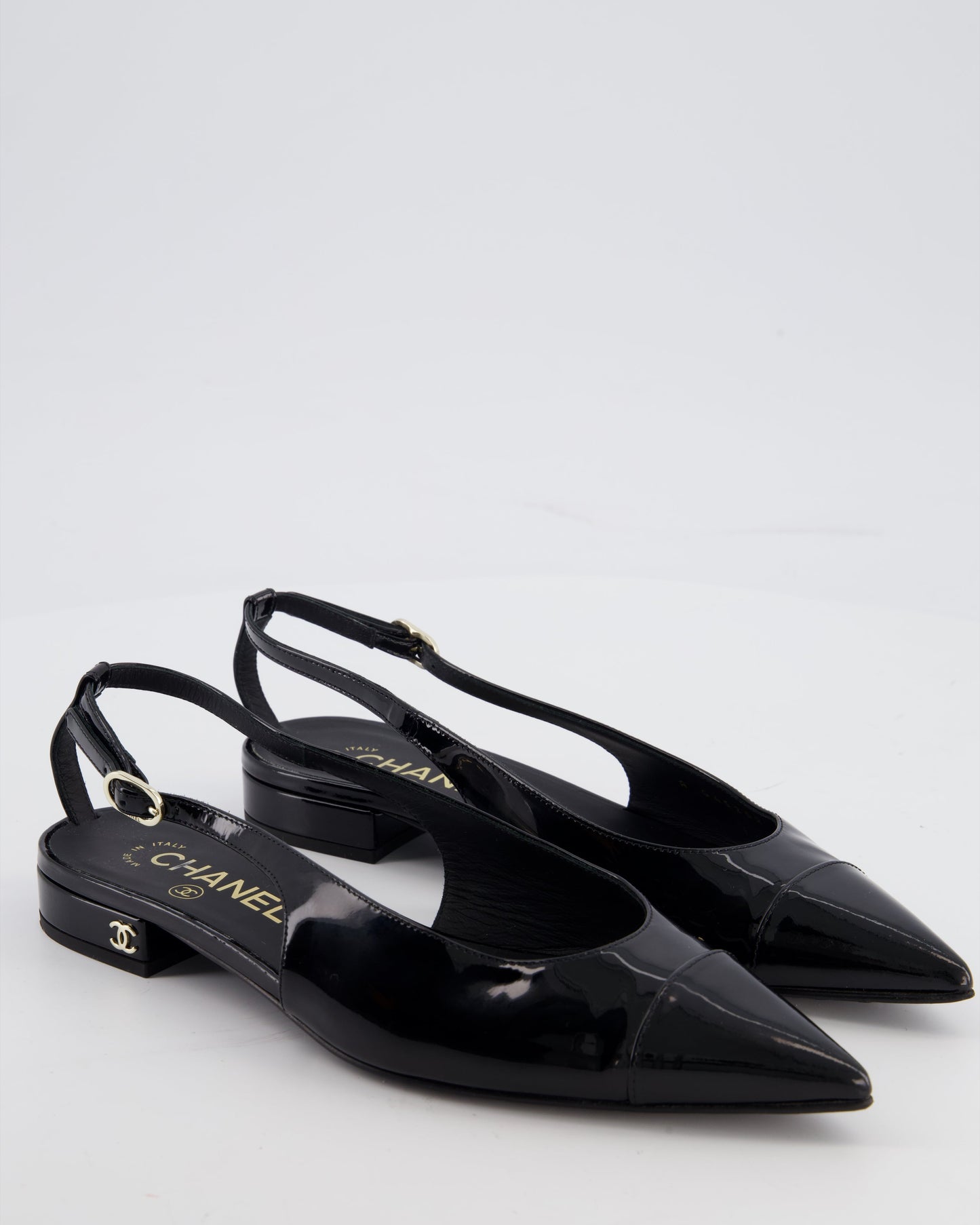 Chanel Black Patent Leather Flat Slingback with Silver CC Logo Detail Size EU 37