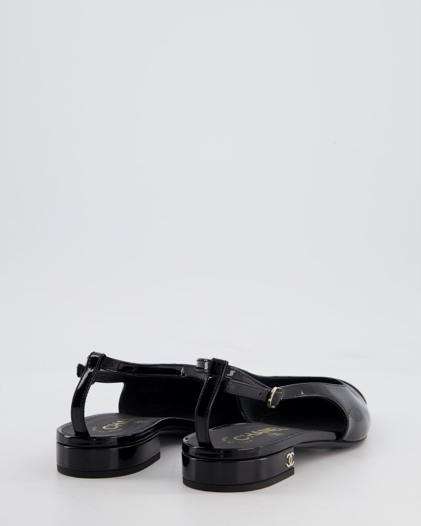 Chanel Black Patent Leather Flat Slingback with Silver CC Logo Detail Size EU 37