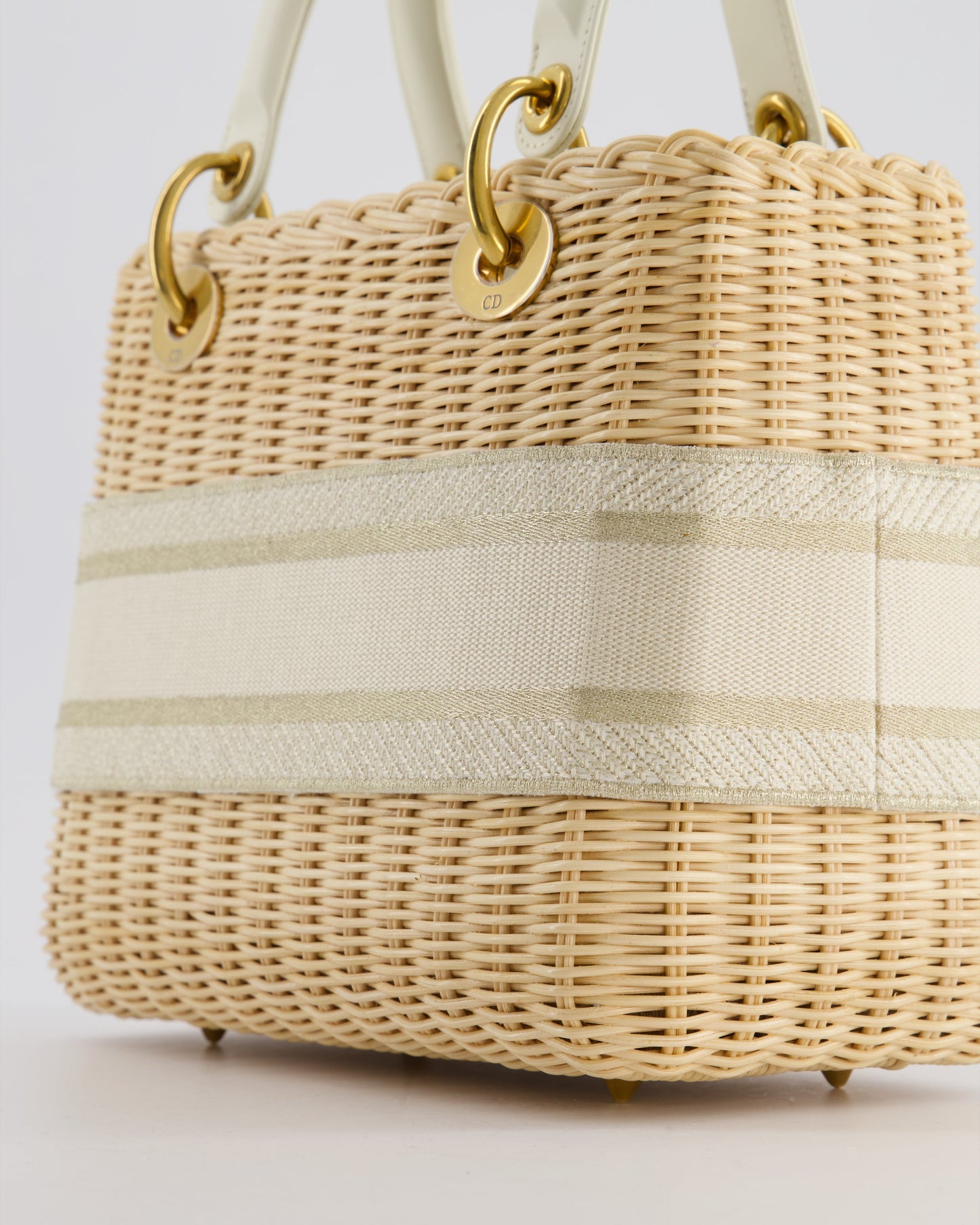 Christian Dior Medium Dioriviera Lady Dior Basket Bag in Natural Wicker and Ecru/Beige Canvas With Antique Gold Hardware