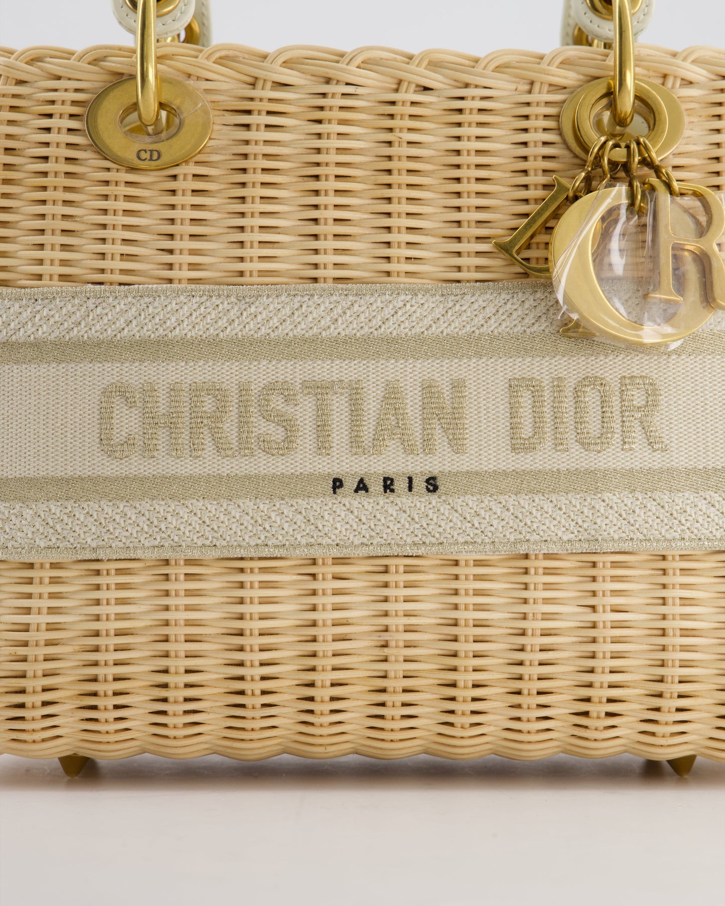 Christian Dior Medium Dioriviera Lady Dior Basket Bag in Natural Wicker and Ecru/Beige Canvas With Antique Gold Hardware
