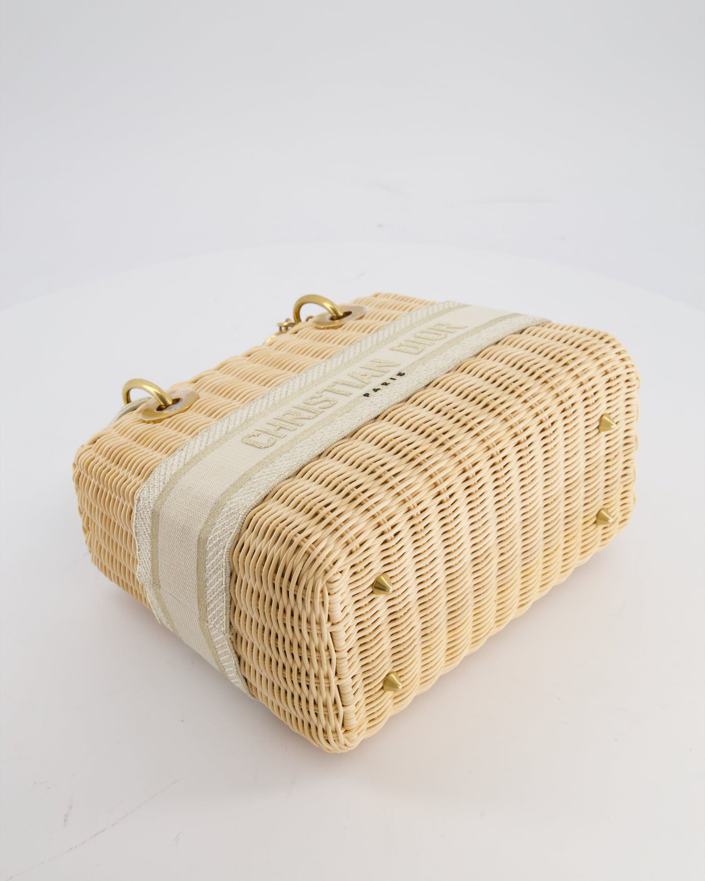 Christian Dior Medium Dioriviera Lady Dior Basket Bag in Natural Wicker and Ecru/Beige Canvas With Antique Gold Hardware