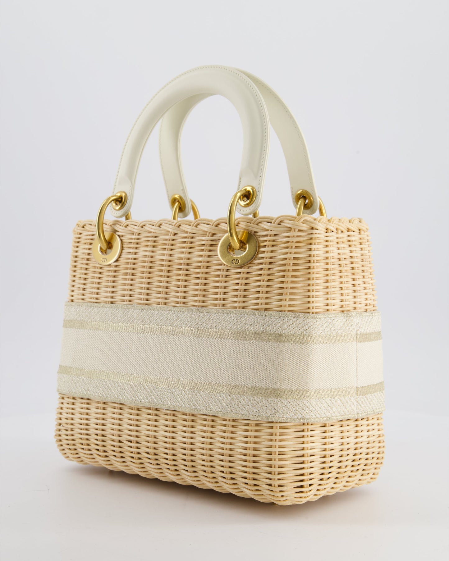 Christian Dior Medium Dioriviera Lady Dior Basket Bag in Natural Wicker and Ecru/Beige Canvas With Antique Gold Hardware
